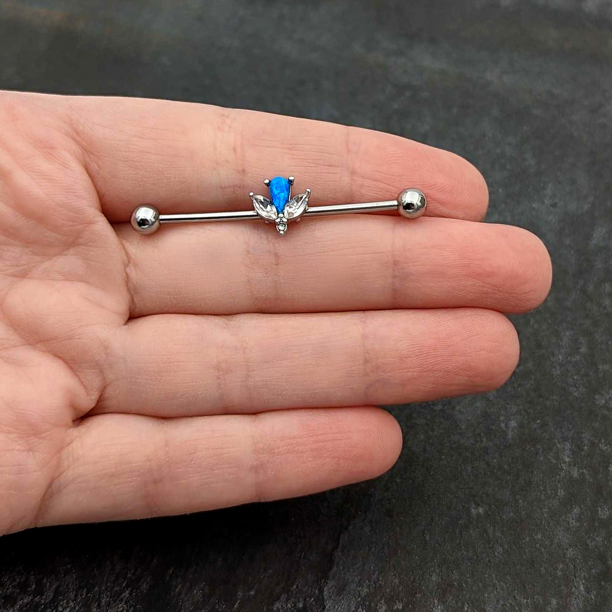 14 Gauge Blue Faux Opal Style Flower Industrial Barbell 38mm
