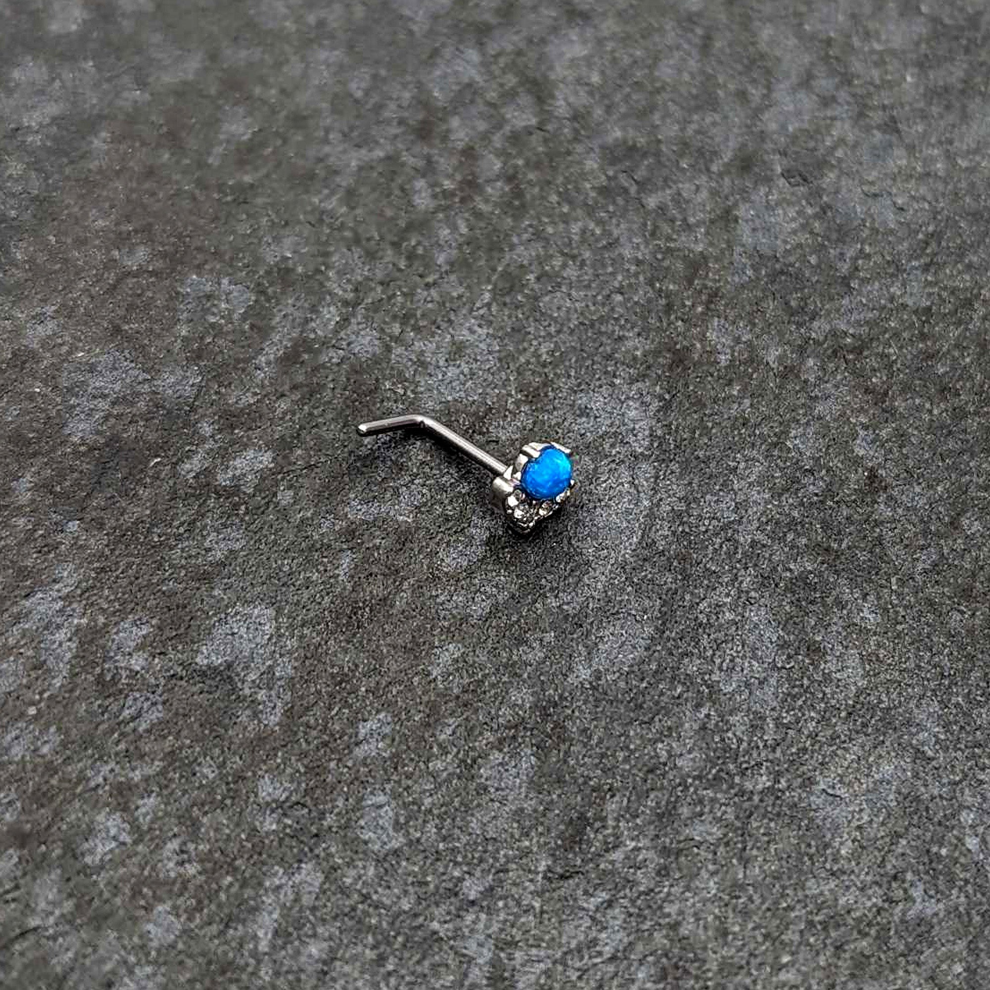 20 Gauge 1/4 Blue Synthetic Opal Style Flower L Shape Nose Ring
