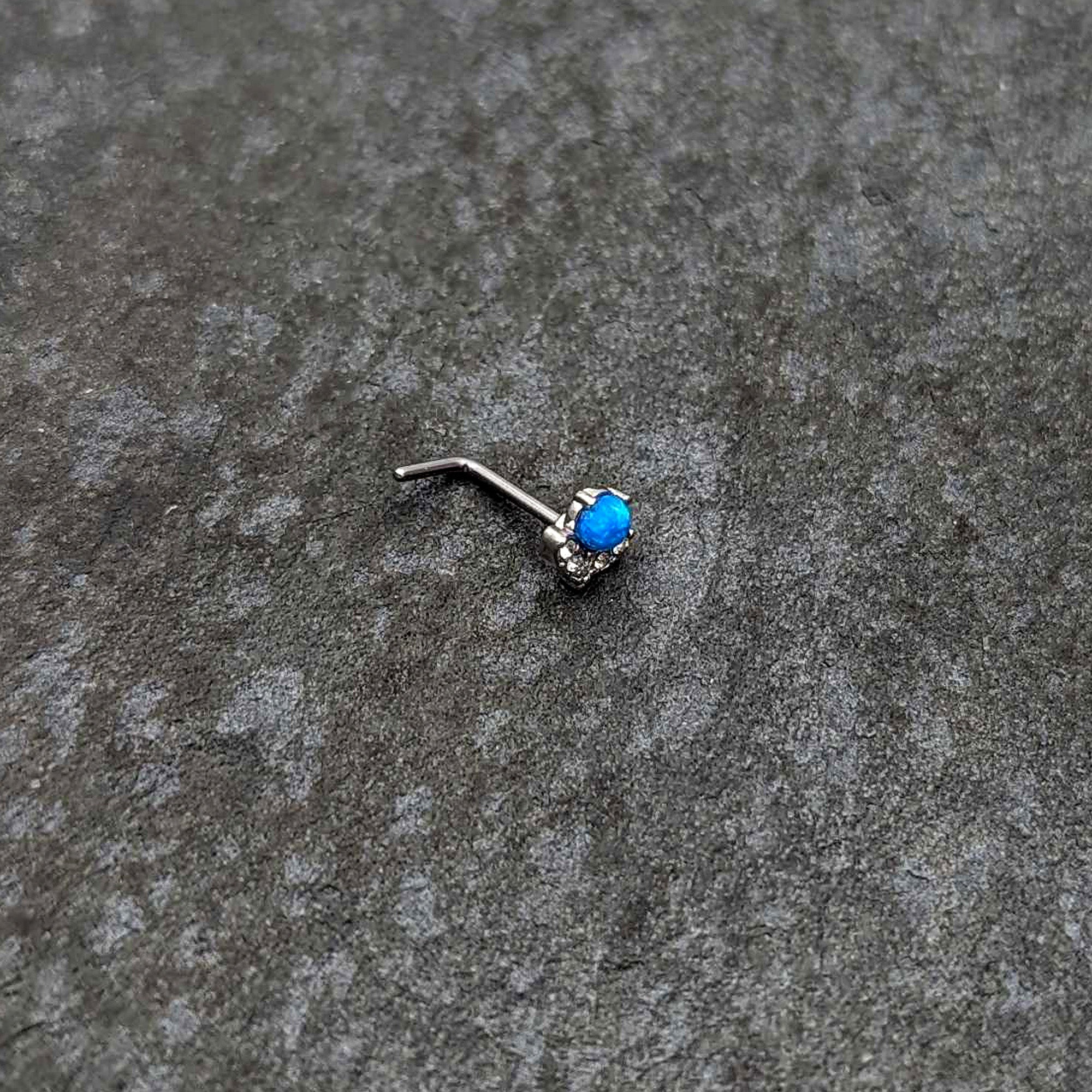 20G 1/4 Blue Synthetic Opal Style Flower L Shape Nose Ring