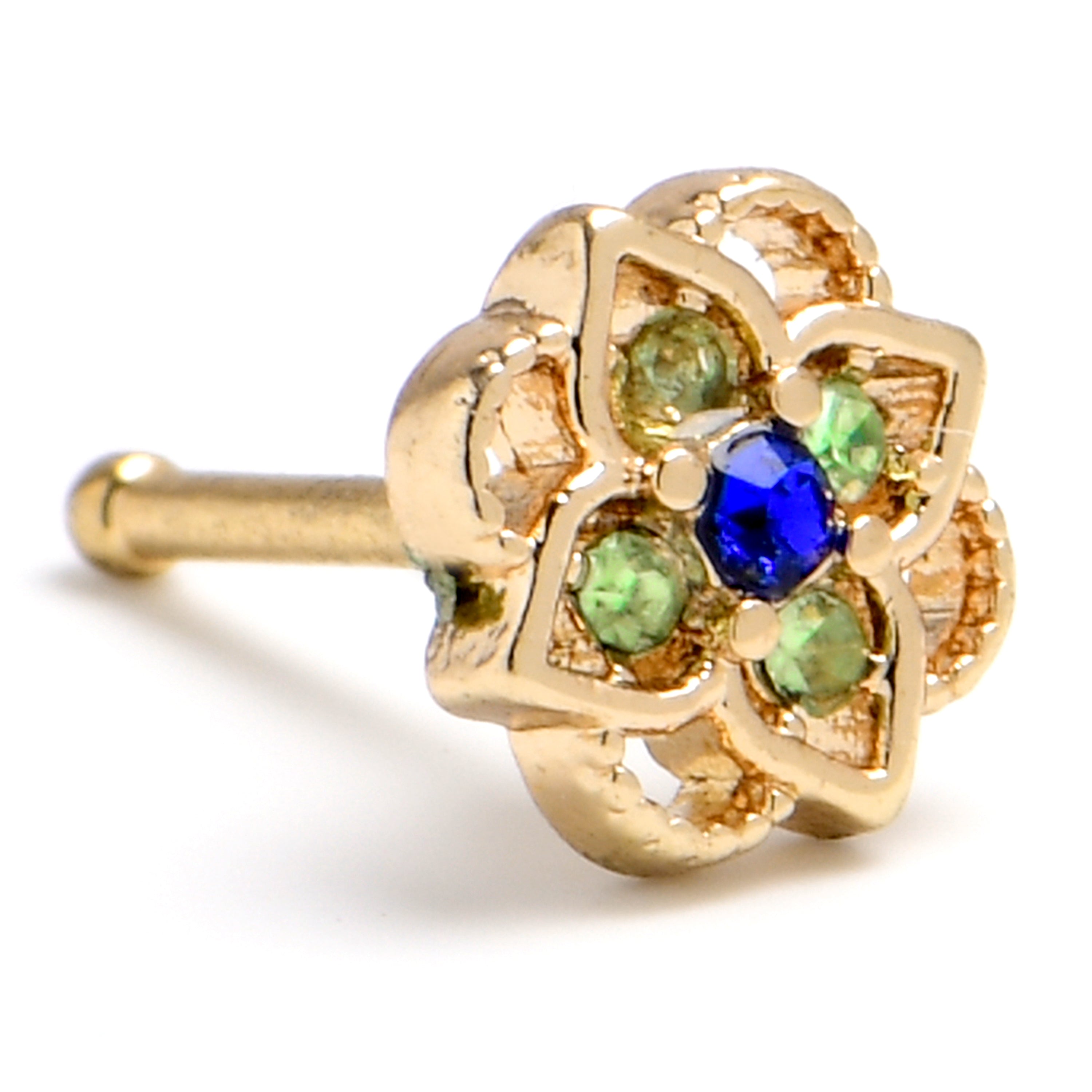 20G 1/4 Blue Gem Gold Tone Celtic Style Nose Bone