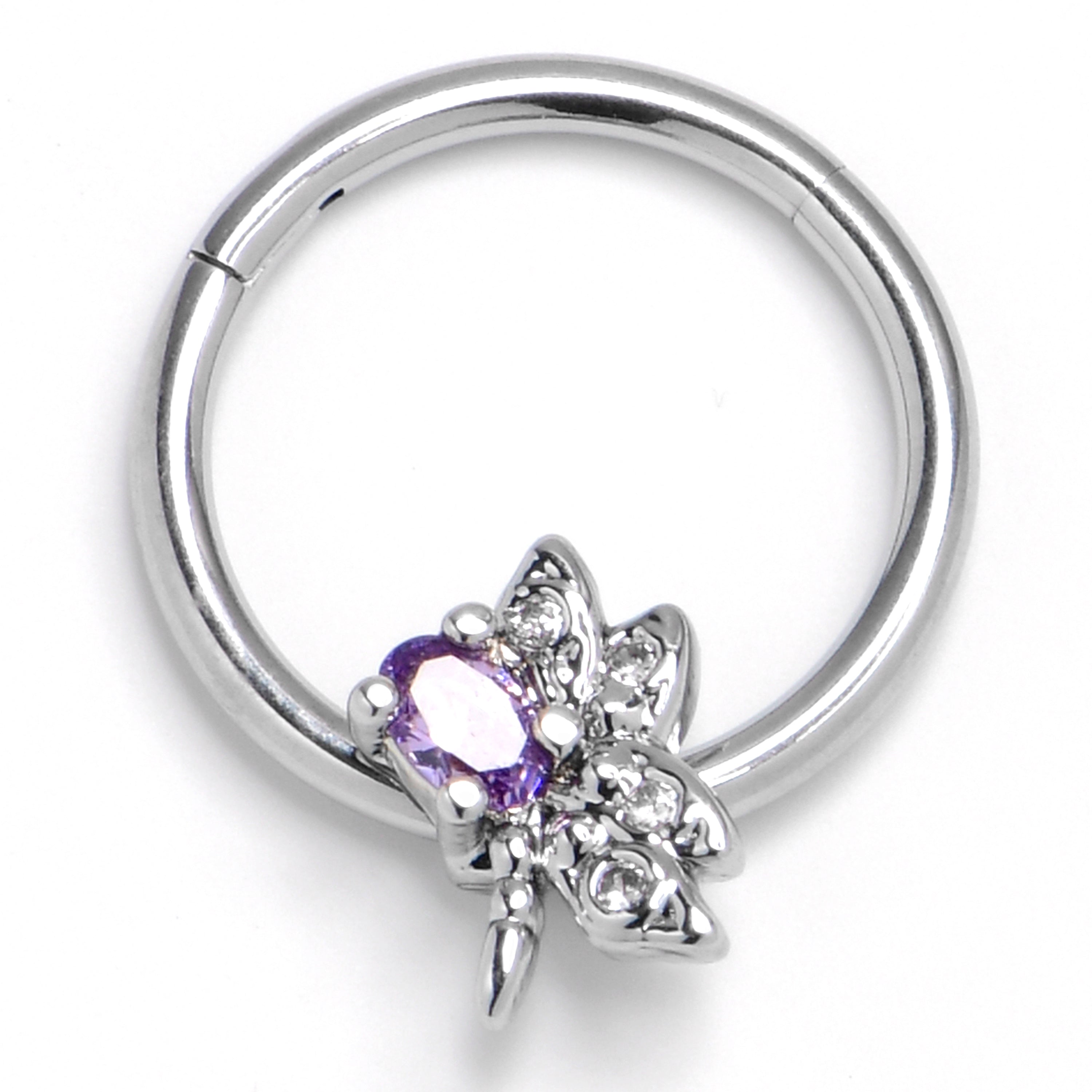 16G 3/8 Purple Gem Divine Dragonfly Hinged Segment Ring