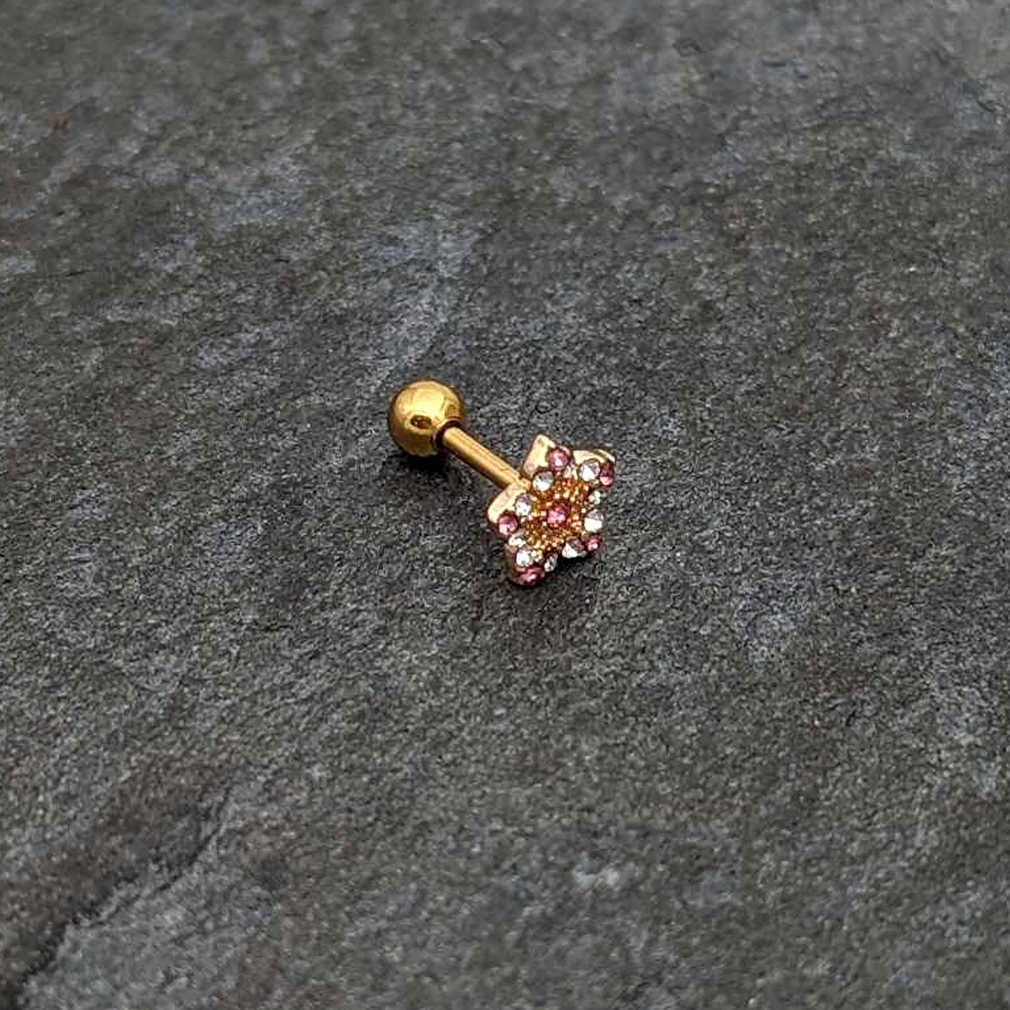 16G 1/4 Pink Clear Gem Gold Tone Texture Star Cartilage Earring