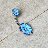 Blue Flower Textured Center Double Mount Belly Ring