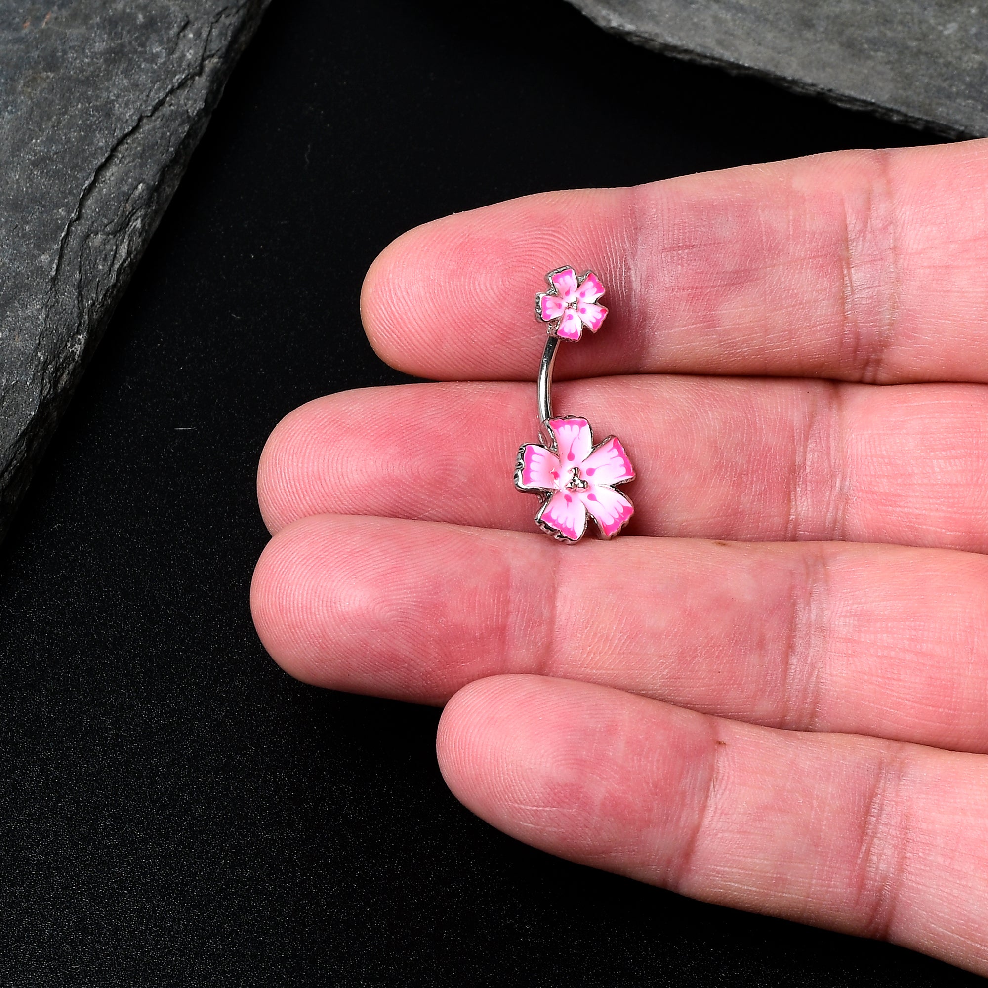 Pink Flower Textured Center Double Mount Belly Ring