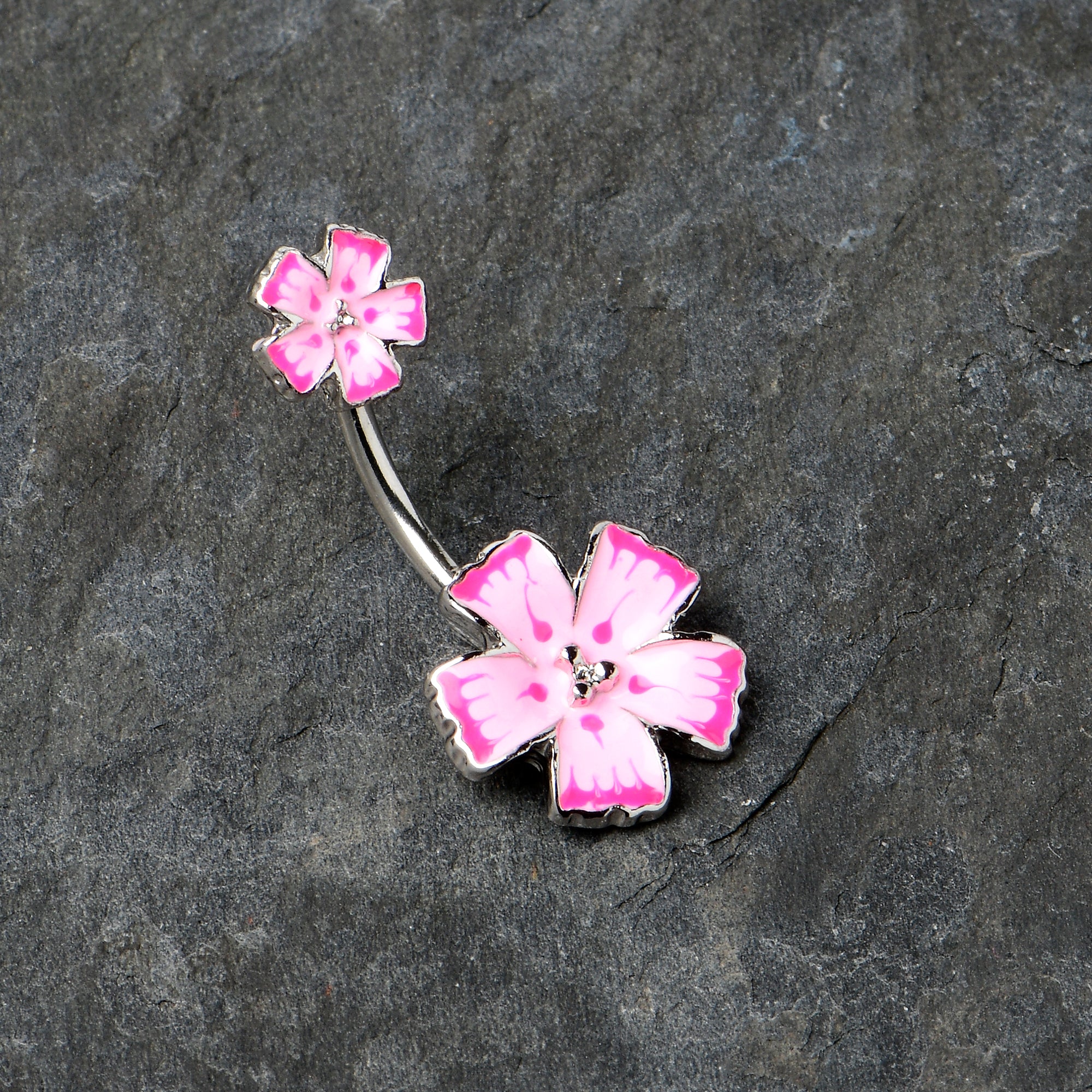 Pink Flower Textured Center Double Mount Belly Ring