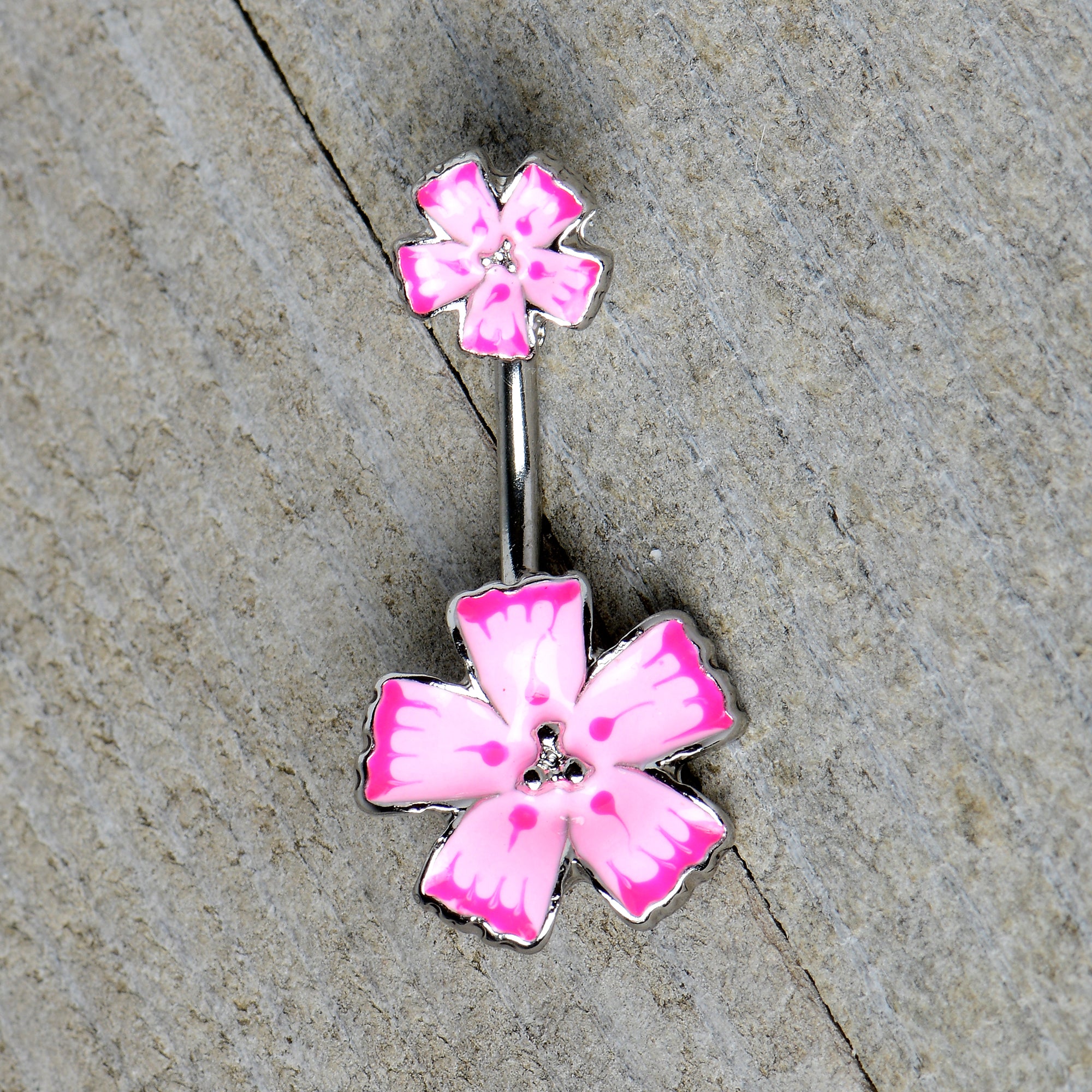 Pink Flower Textured Center Double Mount Belly Ring
