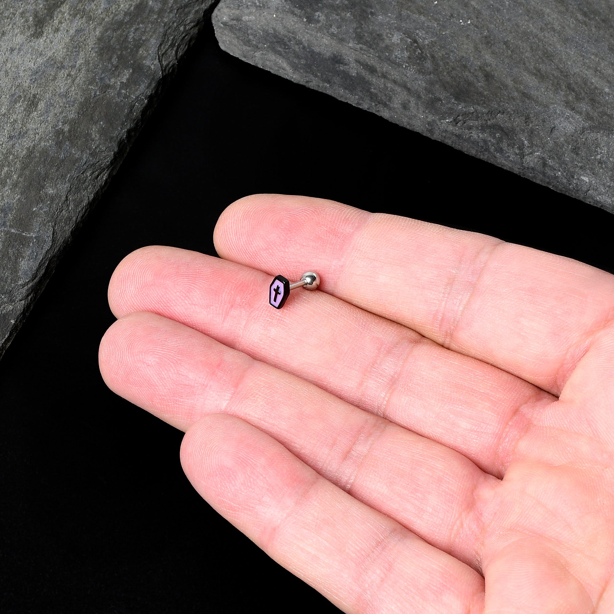 16G 1/4 Creepy Coffin Lt Purple Glow in Dark Cartilage Earring