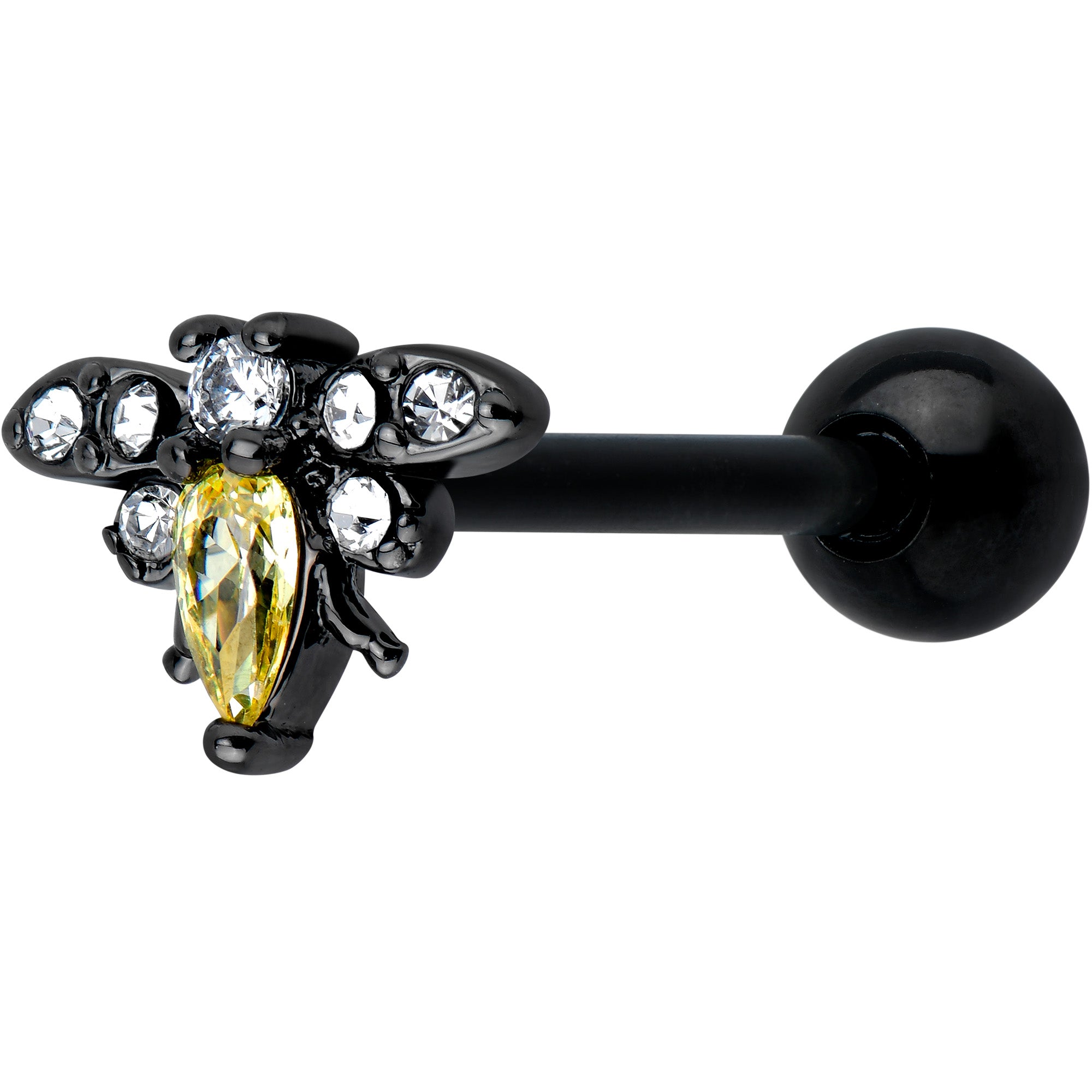 Clear Yellow Gem Black Butterfly Barbell Tongue Ring