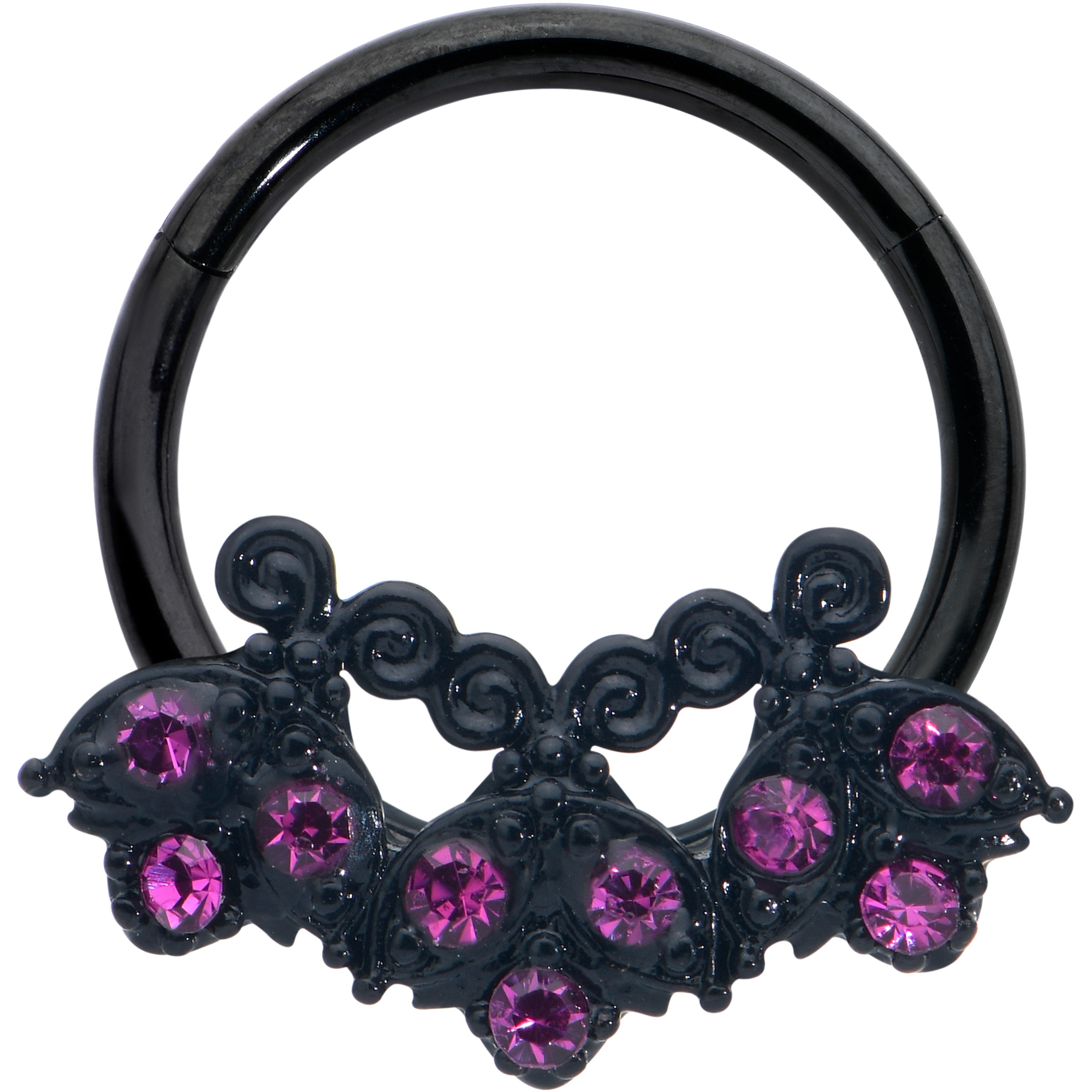 16G 3/8 Pink Gem Black Night Butterfly Trio Hinged Segment Ring