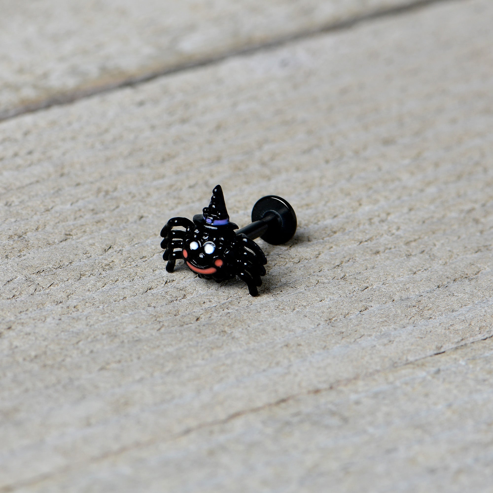 16G 5/16 Black Halloween Witch Smiling Spider Labret Monroe Tragus