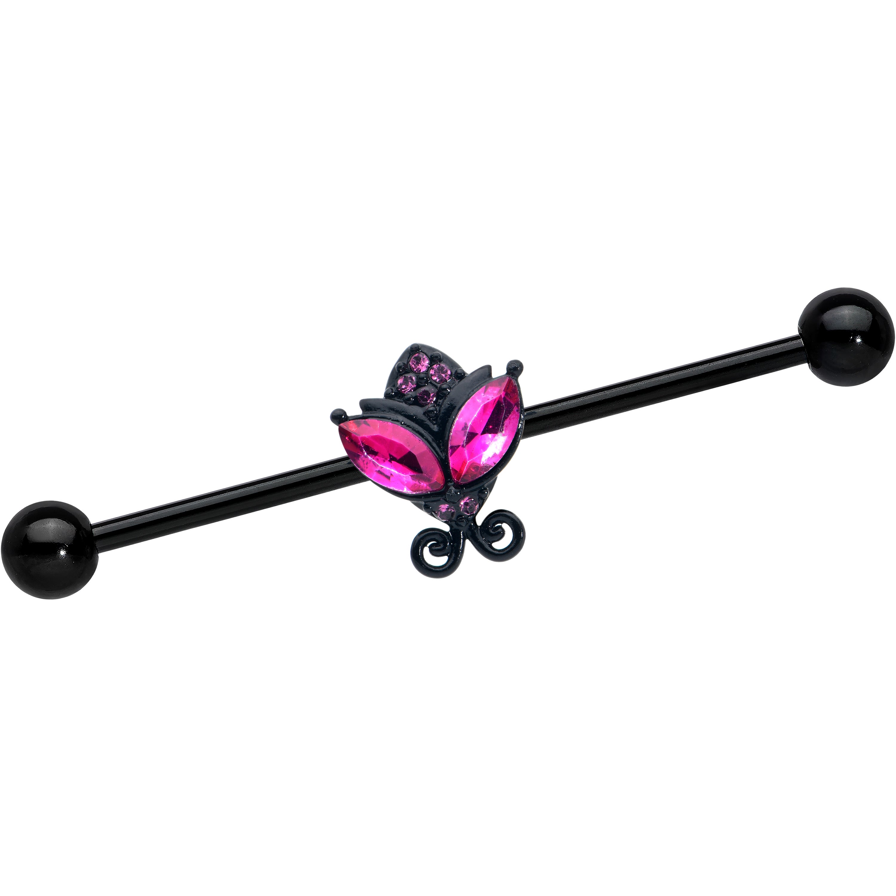 14G Pink Gem Black Night Butterfly Industrial Barbell 38mm
