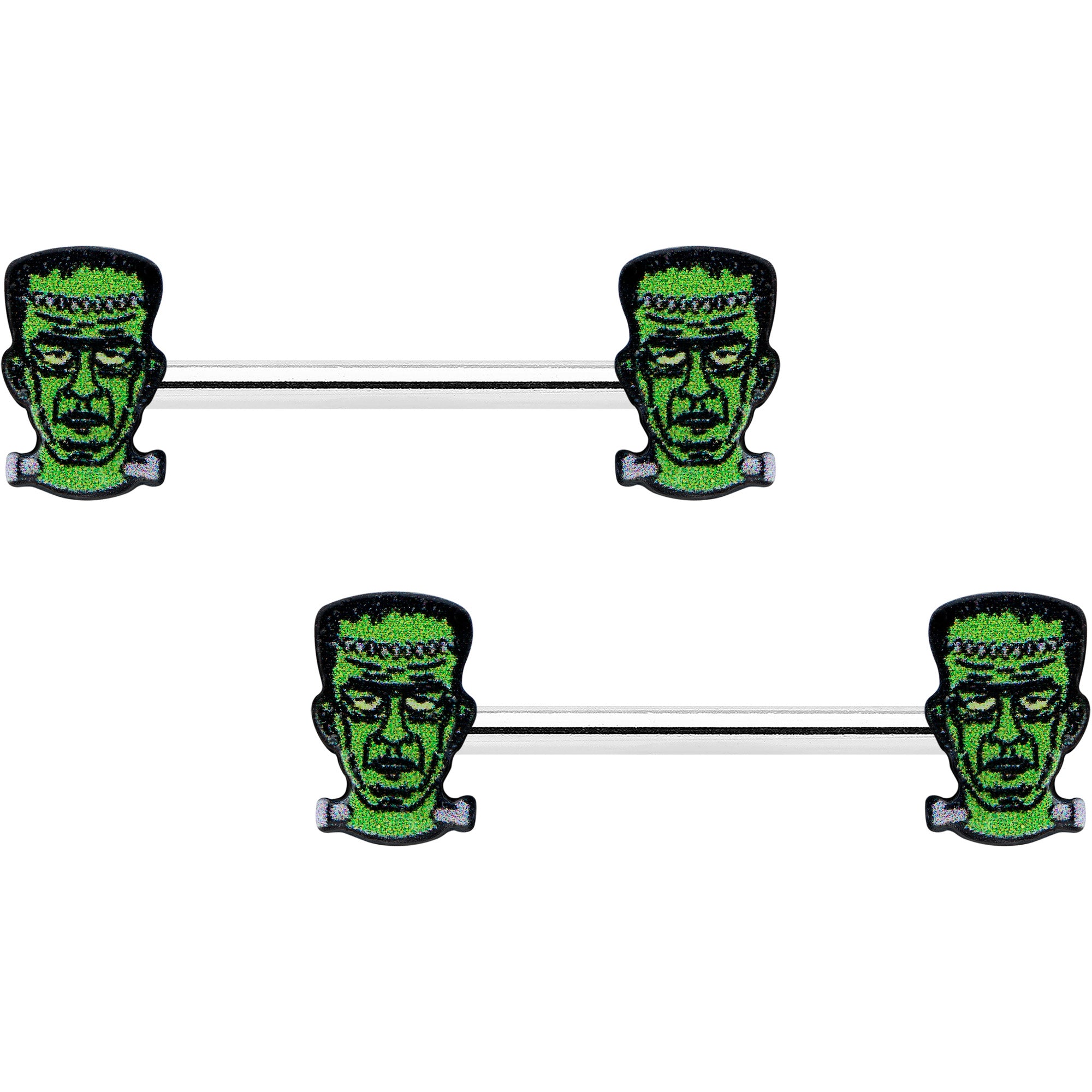 14 Gauge 9/16 Frankenstein Head Green Glow in the Dark Nipple Ring Set