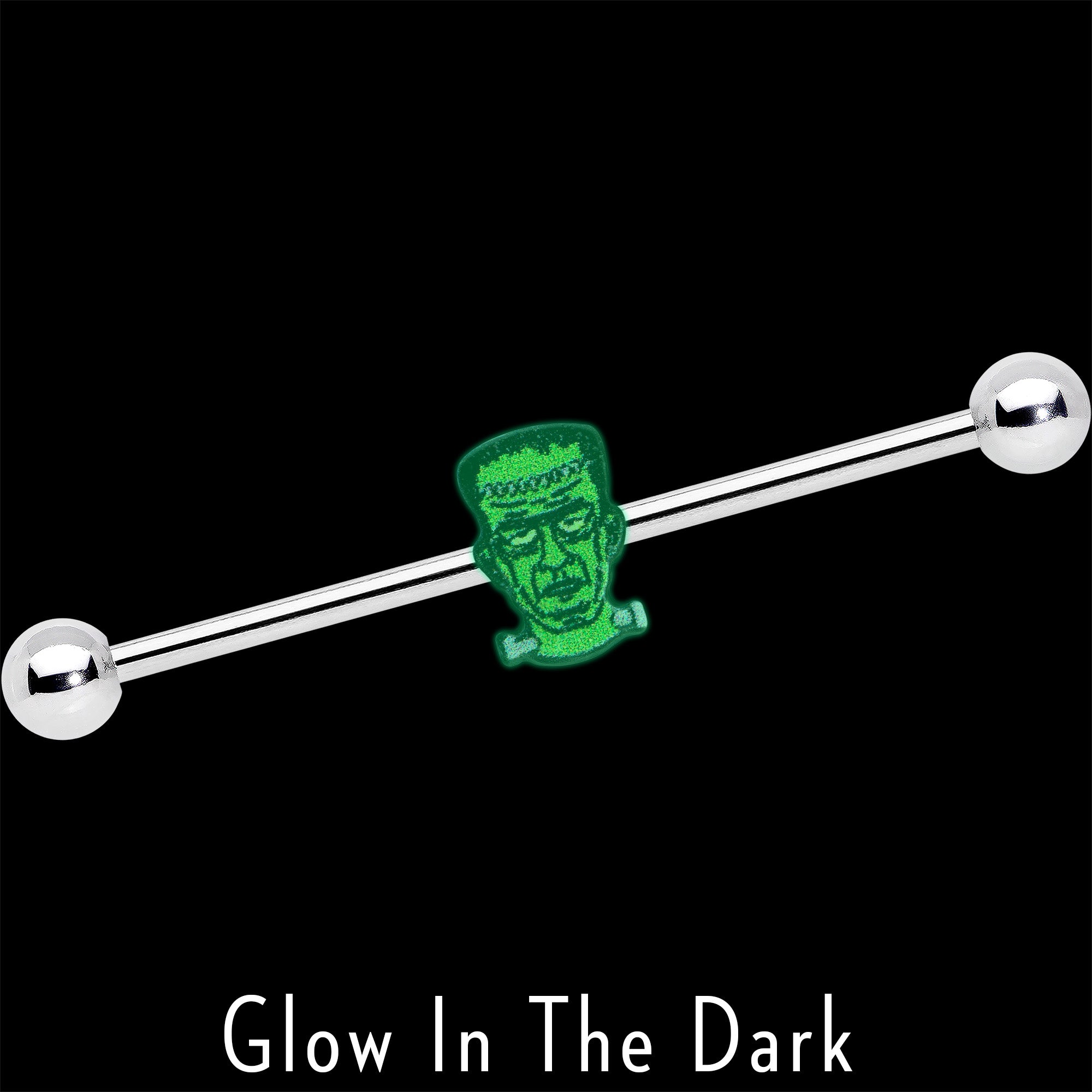 14 Gauge Frankenstein Head Green Glow in Dark Industrial Barbell 38mm
