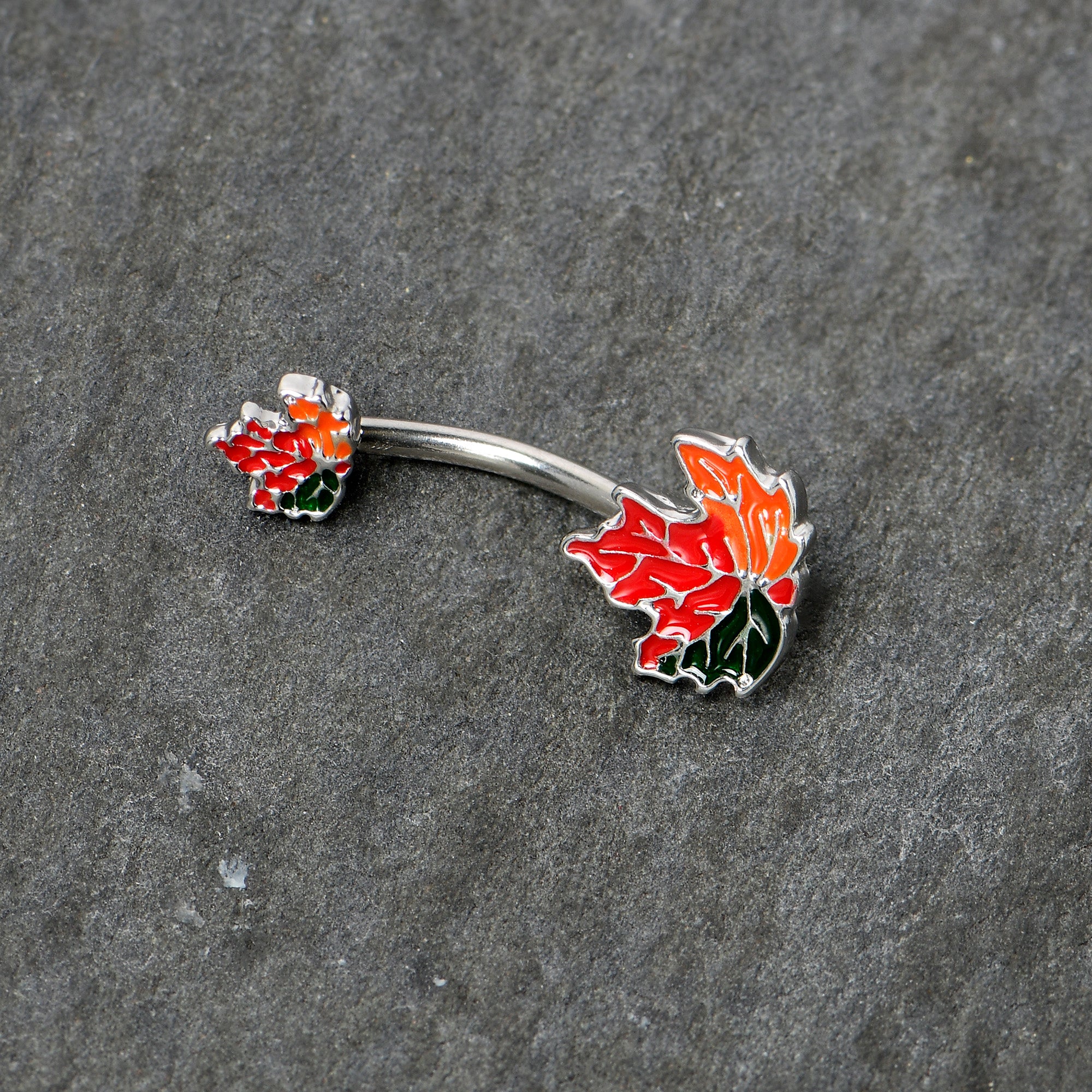 Autumn Tricolor Maple Leaves Red Green Orange Double Mount Belly Ring