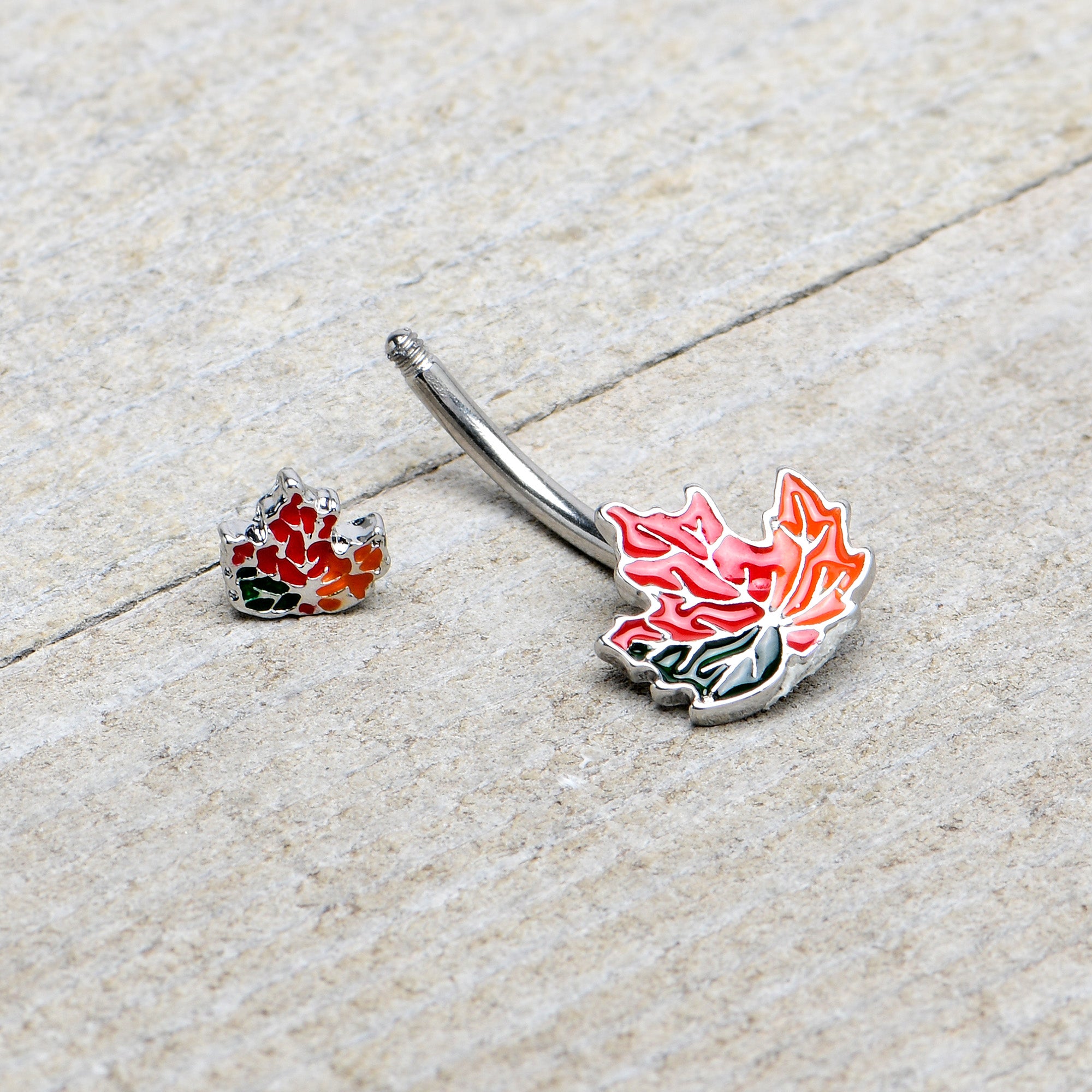 Autumn Tricolor Maple Leaves Red Green Orange Double Mount Belly Ring