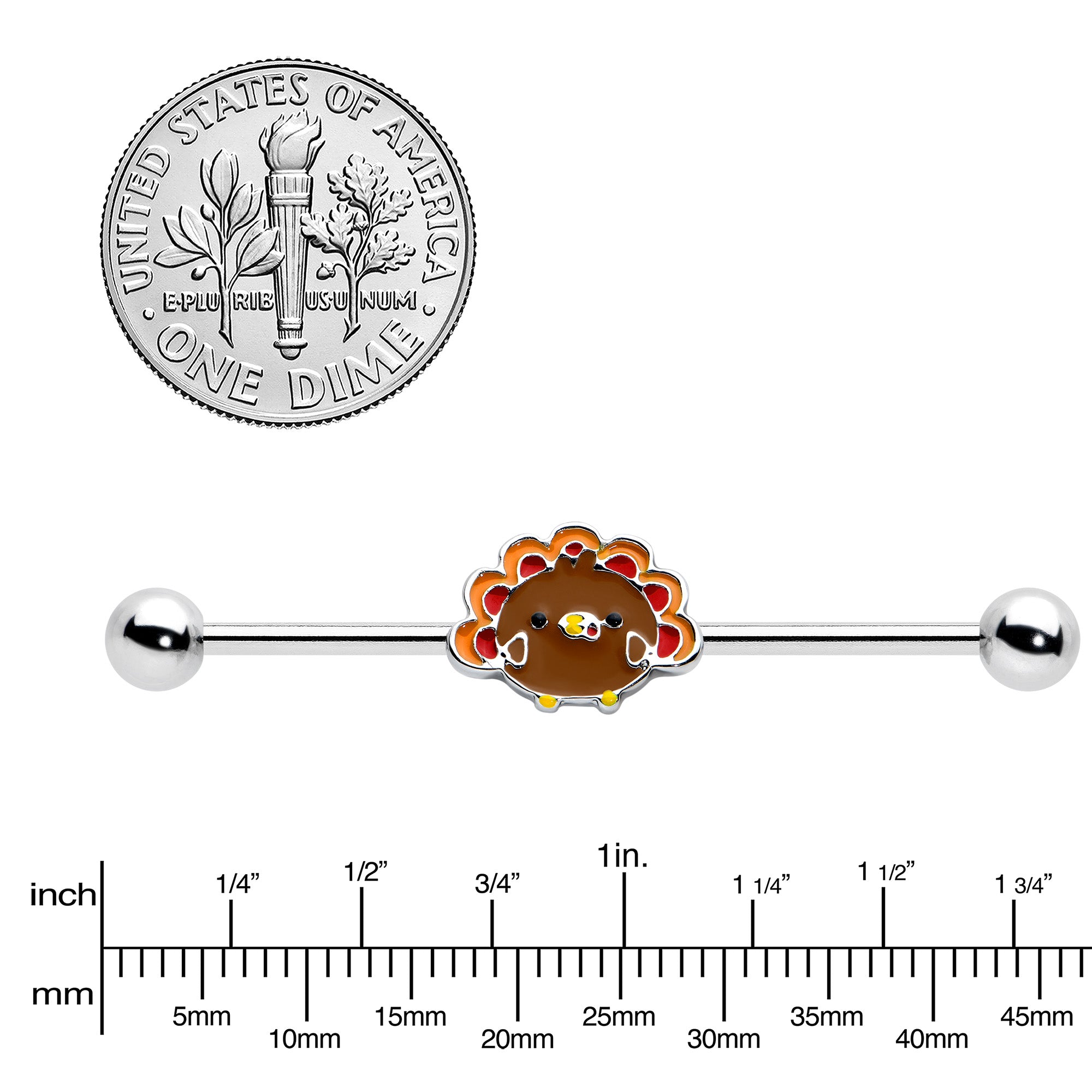 14G Cute Colorful Turkey Thanksgiving Industrial Barbell 38mm