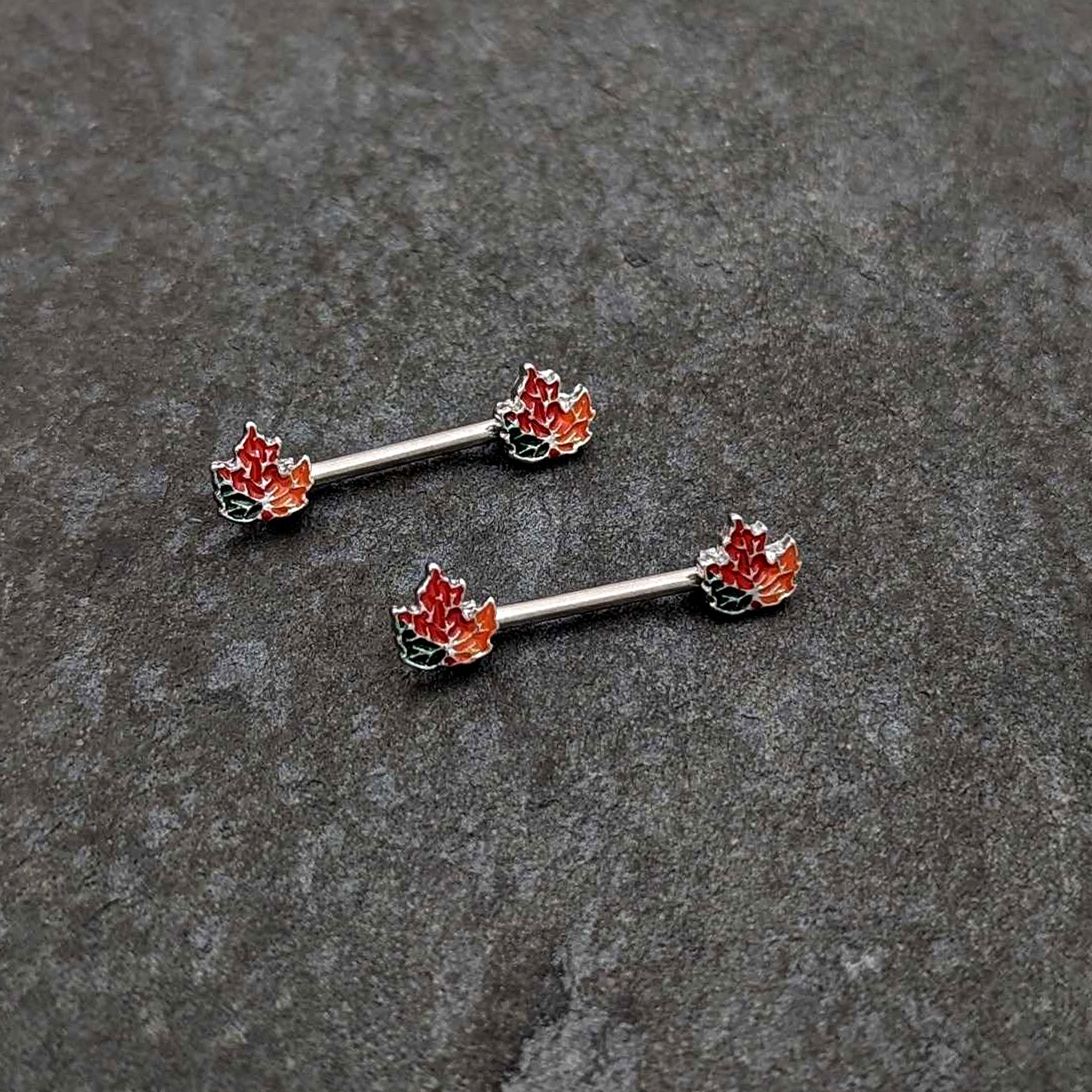 14G 9/16 Autumn Tricolor Maple Leaf Barbell Nipple Ring Set