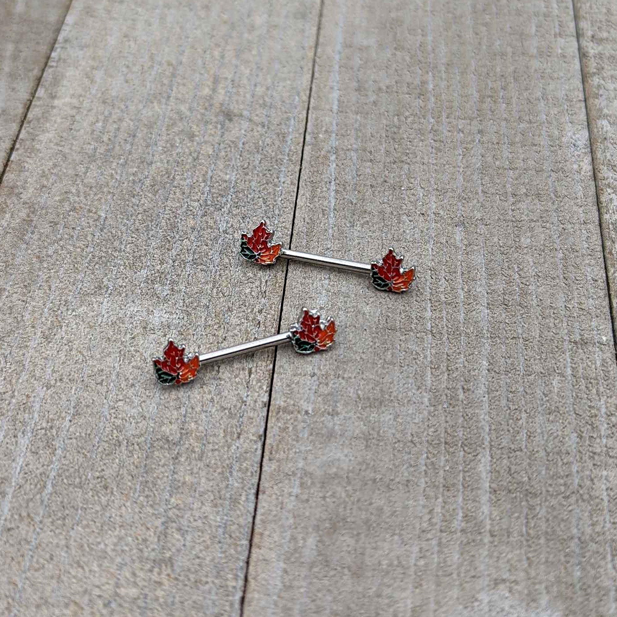 14G 9/16 Autumn Tricolor Maple Leaf Barbell Nipple Ring Set