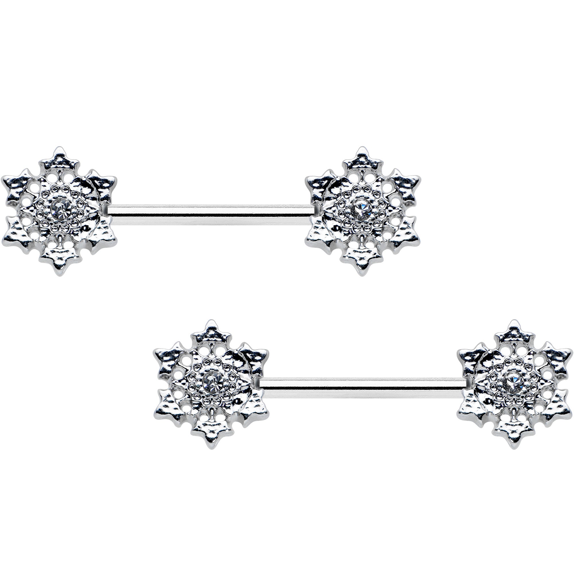 14 Gauge 9/16 Clear Gem Filigree Winter Snowflake Nipple Ring Set