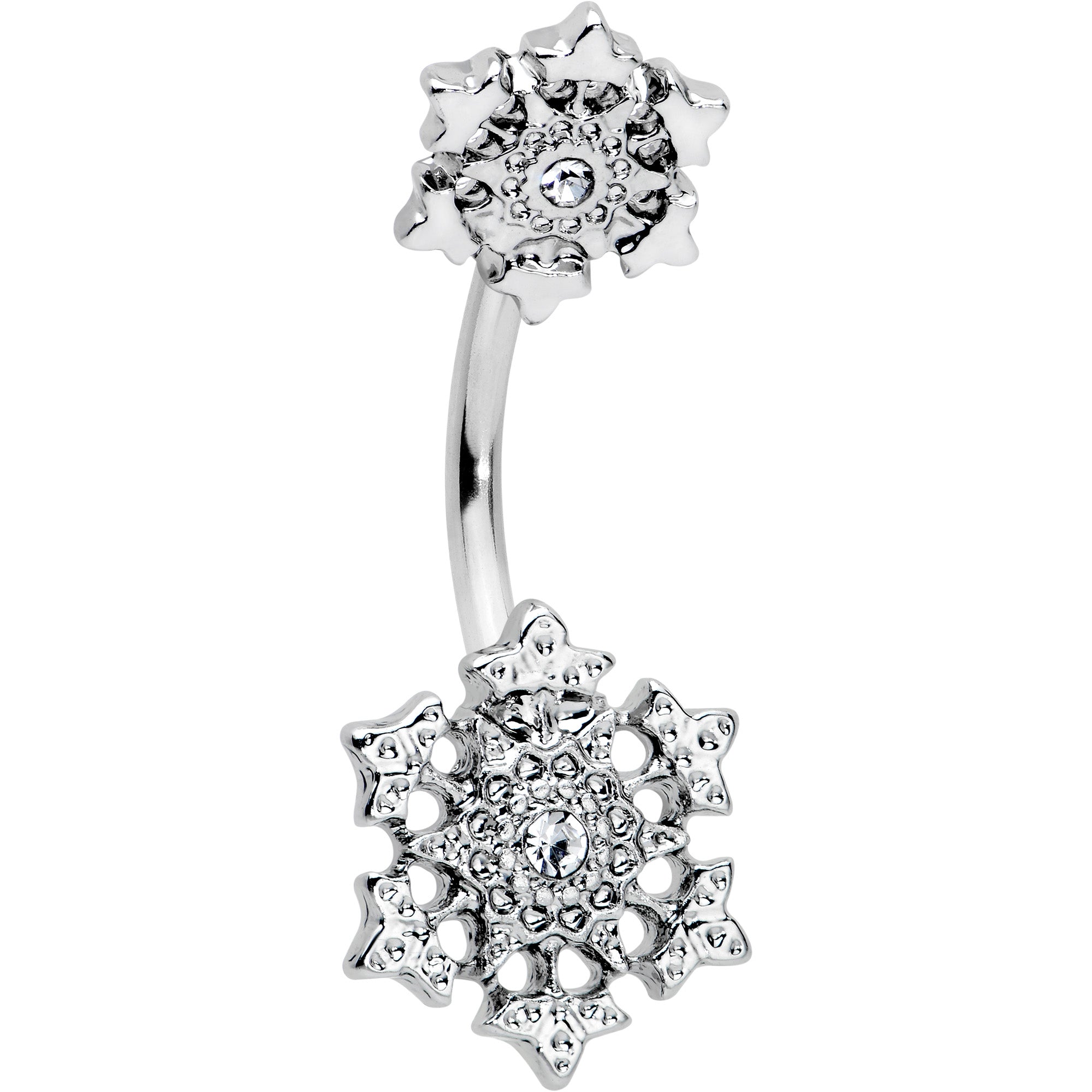 Clear Gem Filigree Winter Snowflakes Double Mount Belly Ring