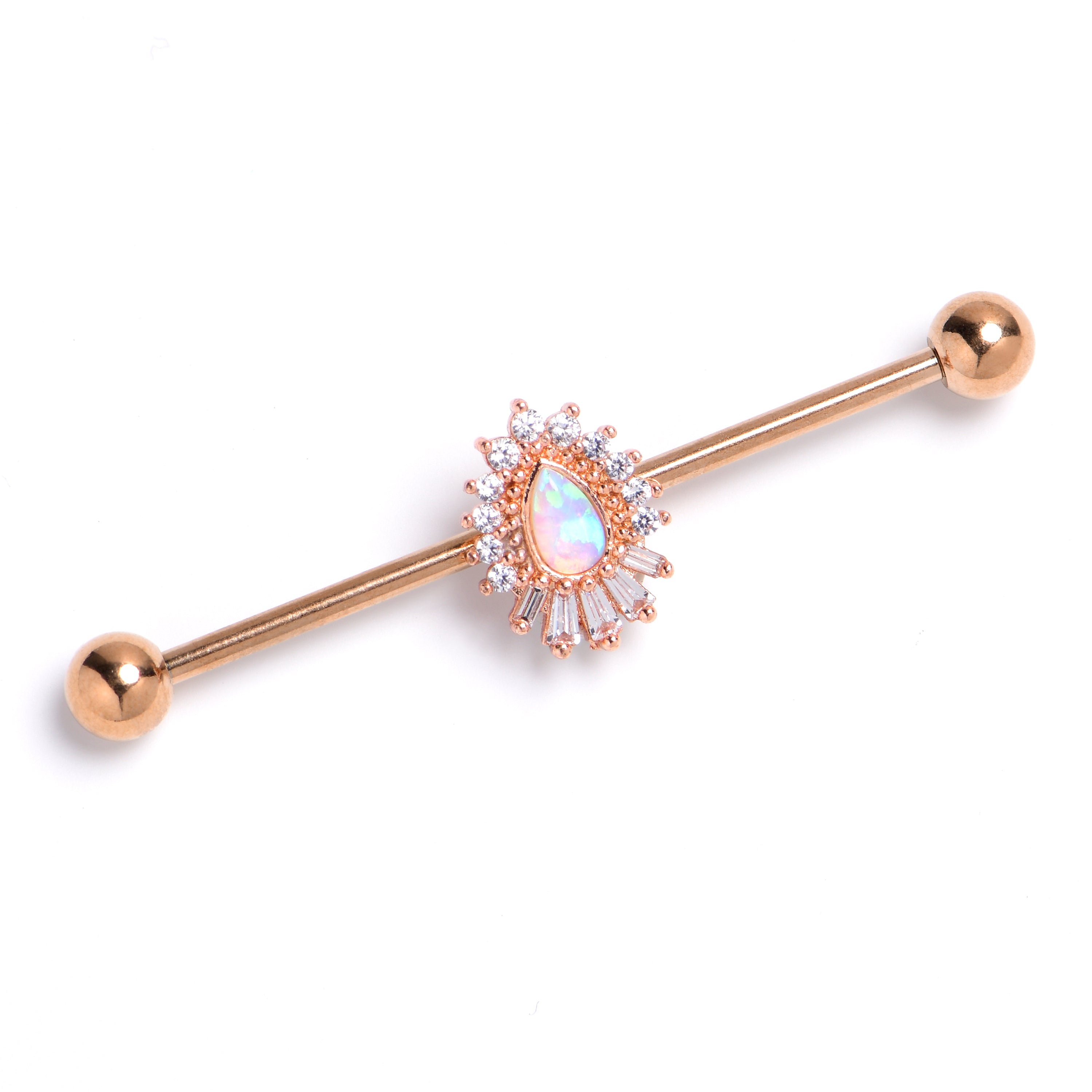 14G White Synthetic Opal Rose Gold Tone Swank Industrial Barbell 38mm