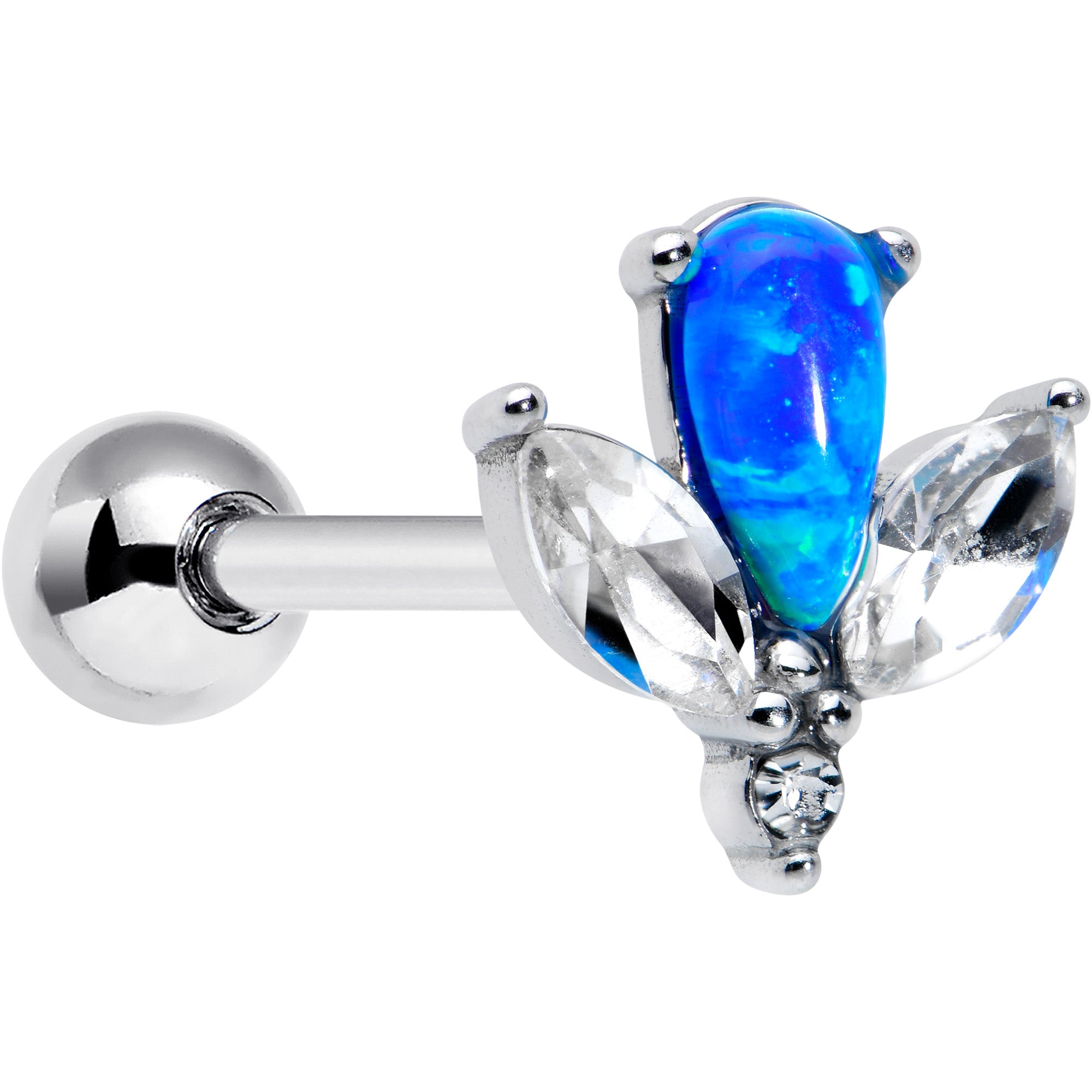 Blue Synthetic Opal Style Flower Barbell Tongue Ring