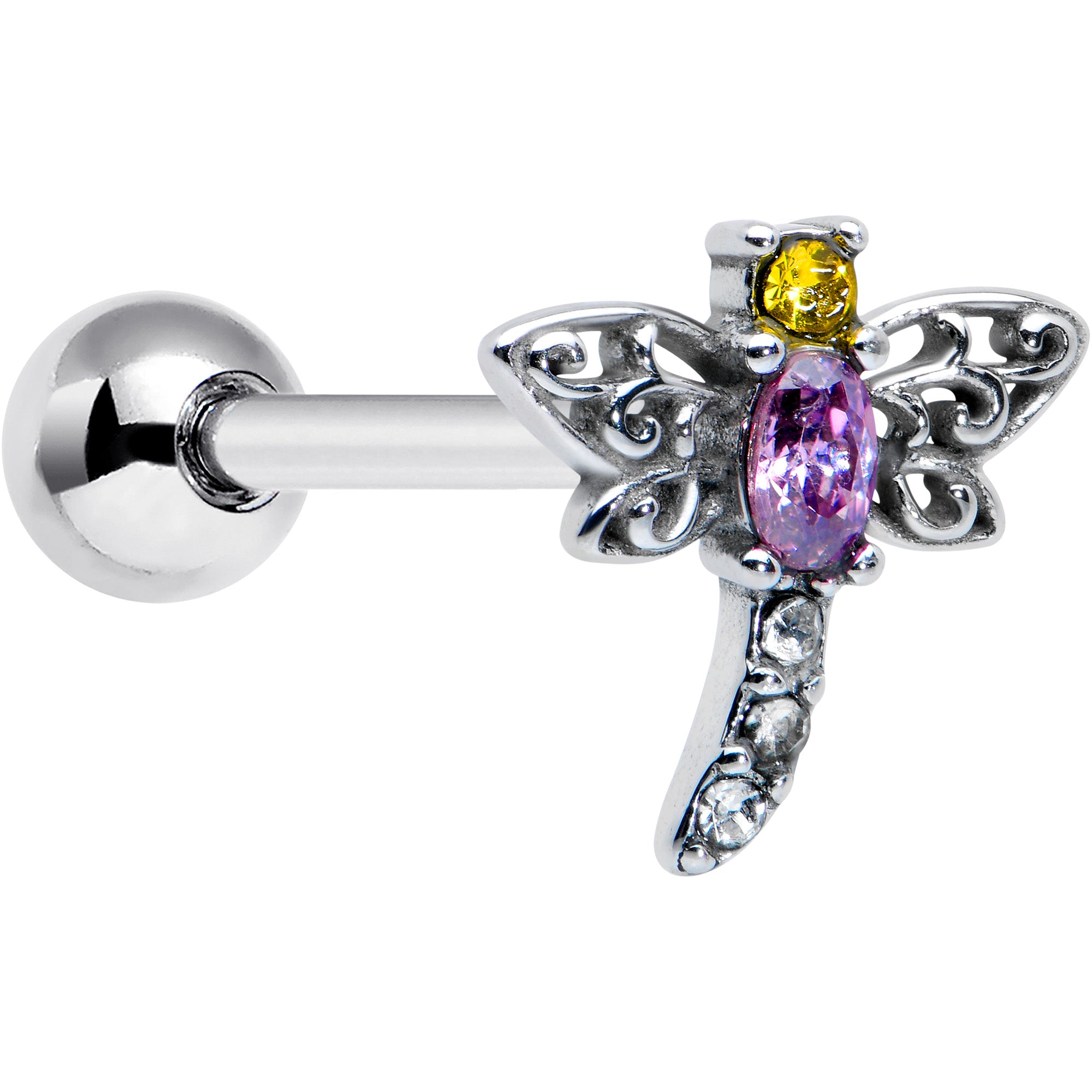 Purple Yellow Clear Gem Dragonfly Barbell Tongue Ring