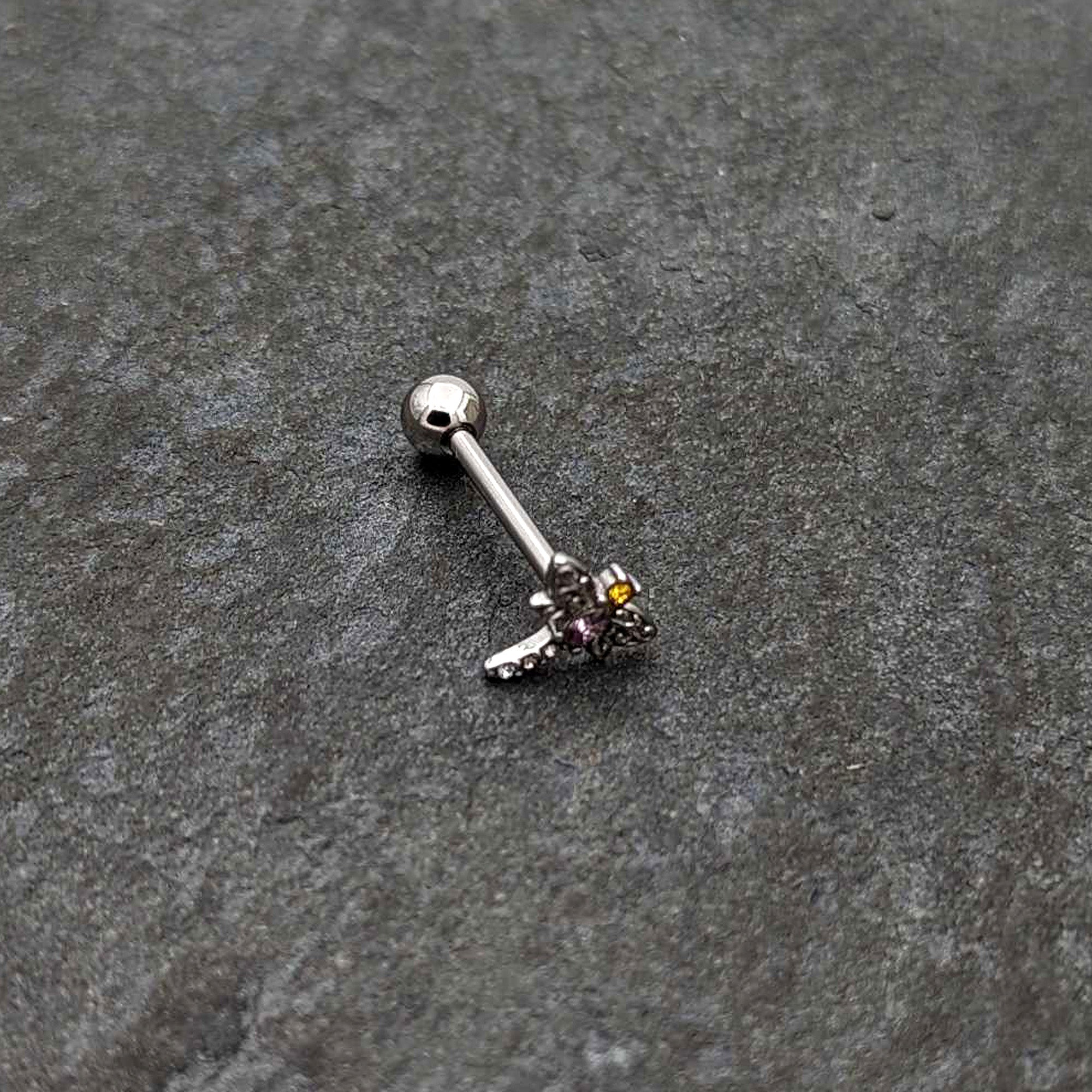 Purple Yellow Clear Gem Dragonfly Barbell Tongue Ring
