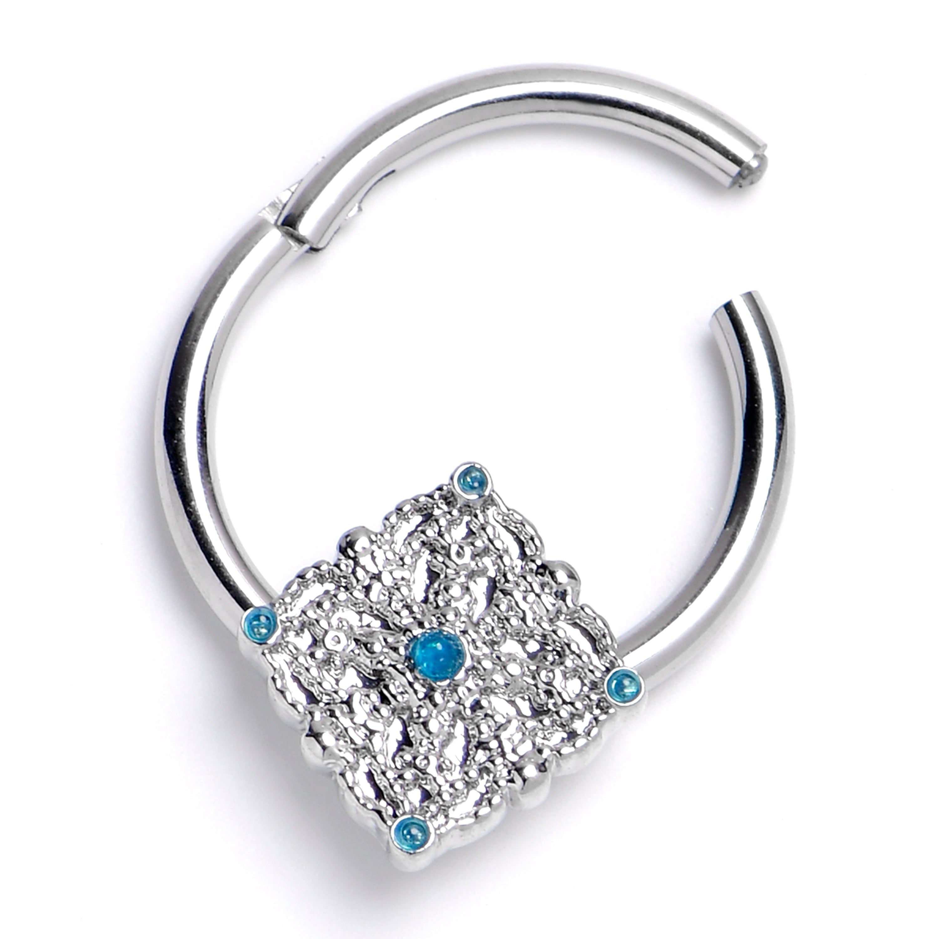 16G 3/8 Lacy Rhombus Orbs Blue Hinged Segment Ring