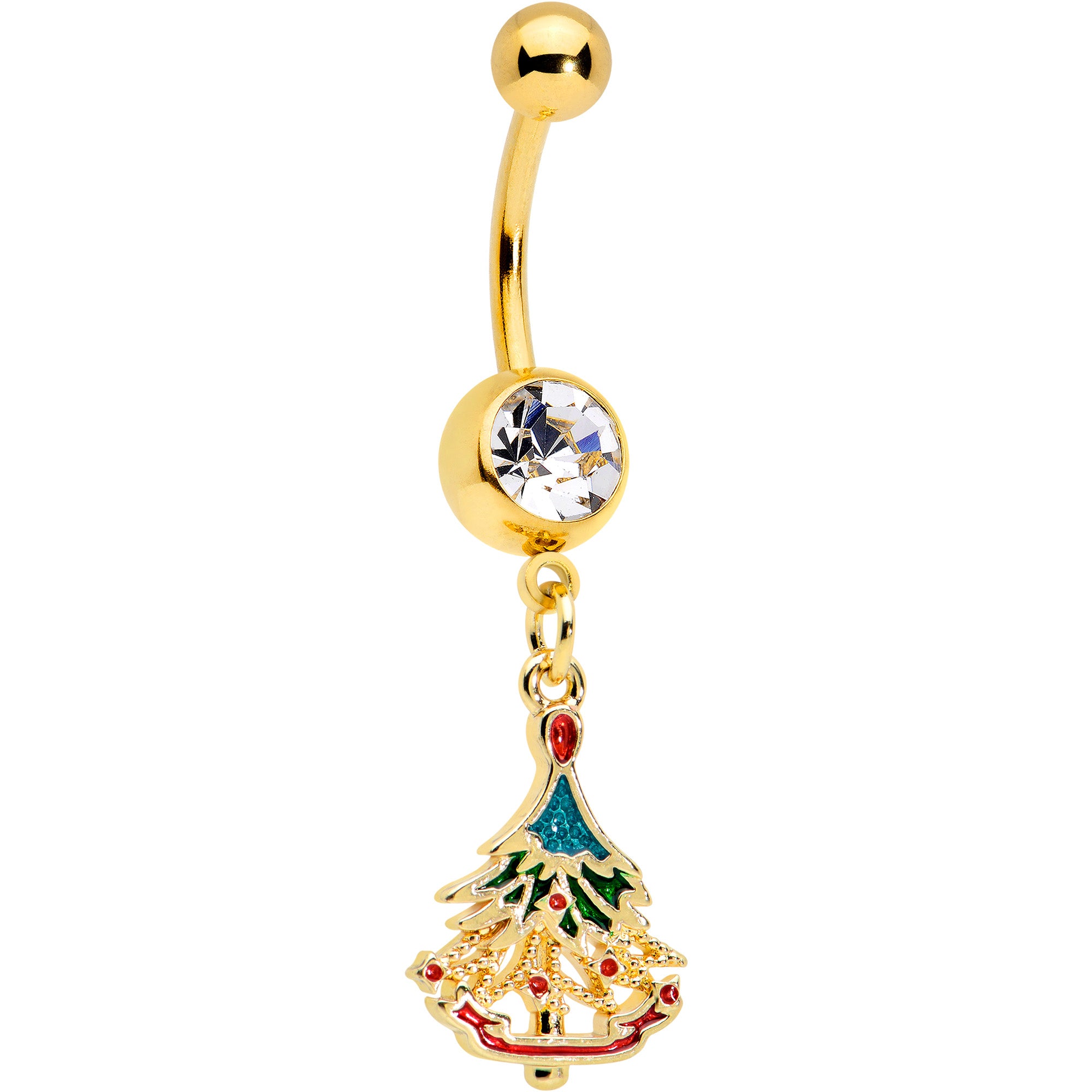 Clear Red Gem Gold Tone Decorated Holiday Tree Dangle Belly Ring