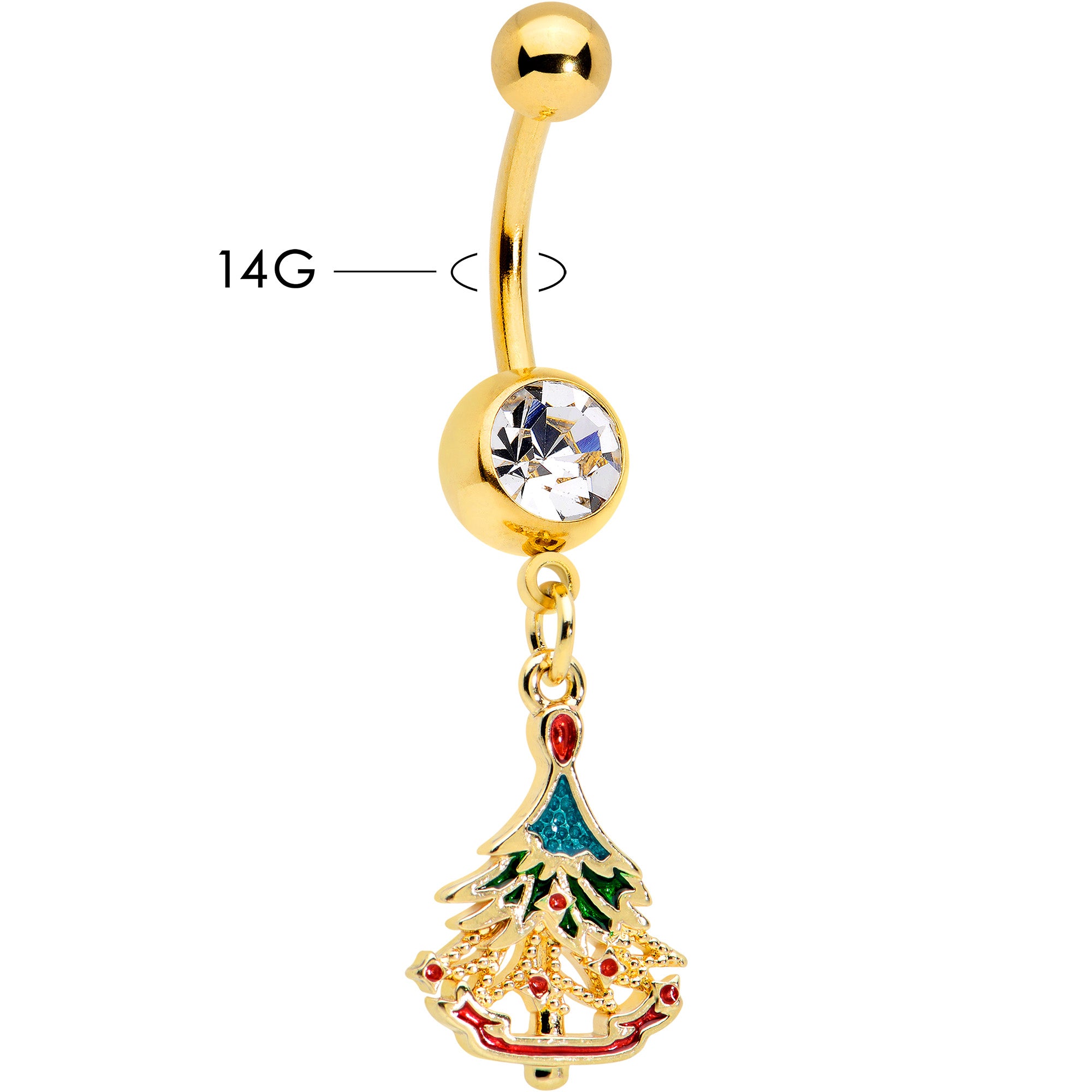 Clear Red Gem Gold Tone Decorated Holiday Tree Dangle Belly Ring