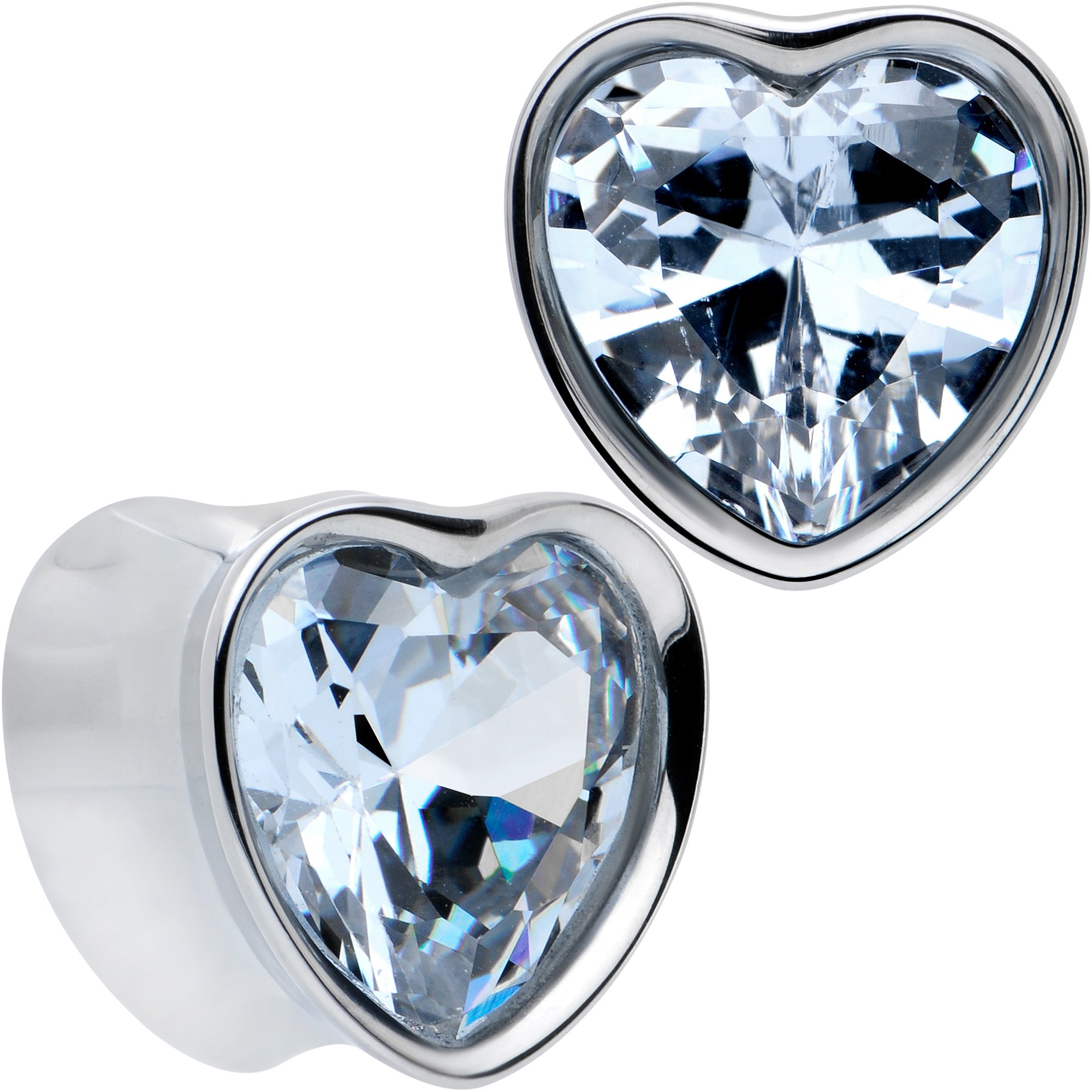 Stainless Steel CZ Gem Heart In Heart Double Flare Plug Set 8mm to 16mm