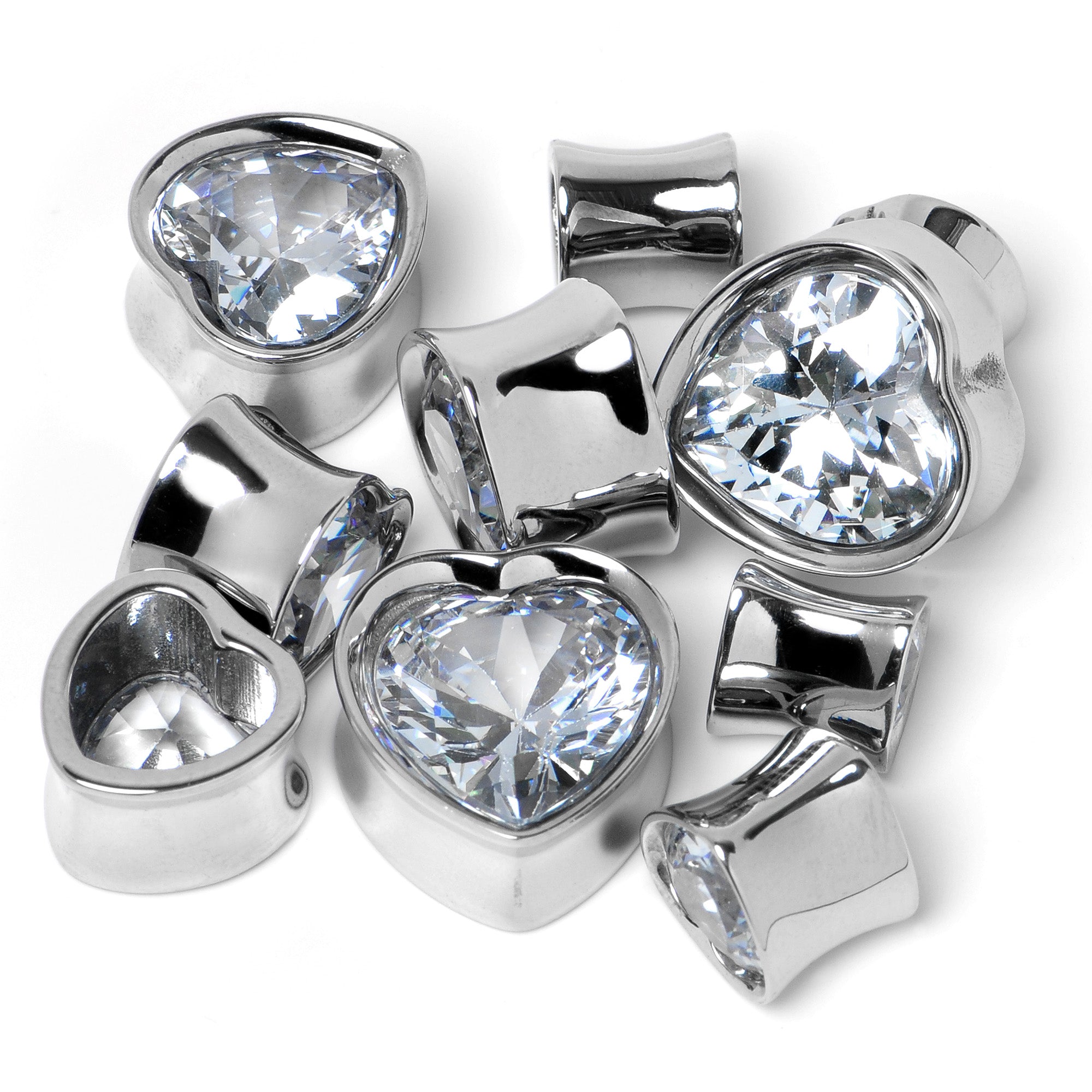 Stainless Steel CZ Gem Heart In Heart Double Flare Plug Set 8mm to 16mm