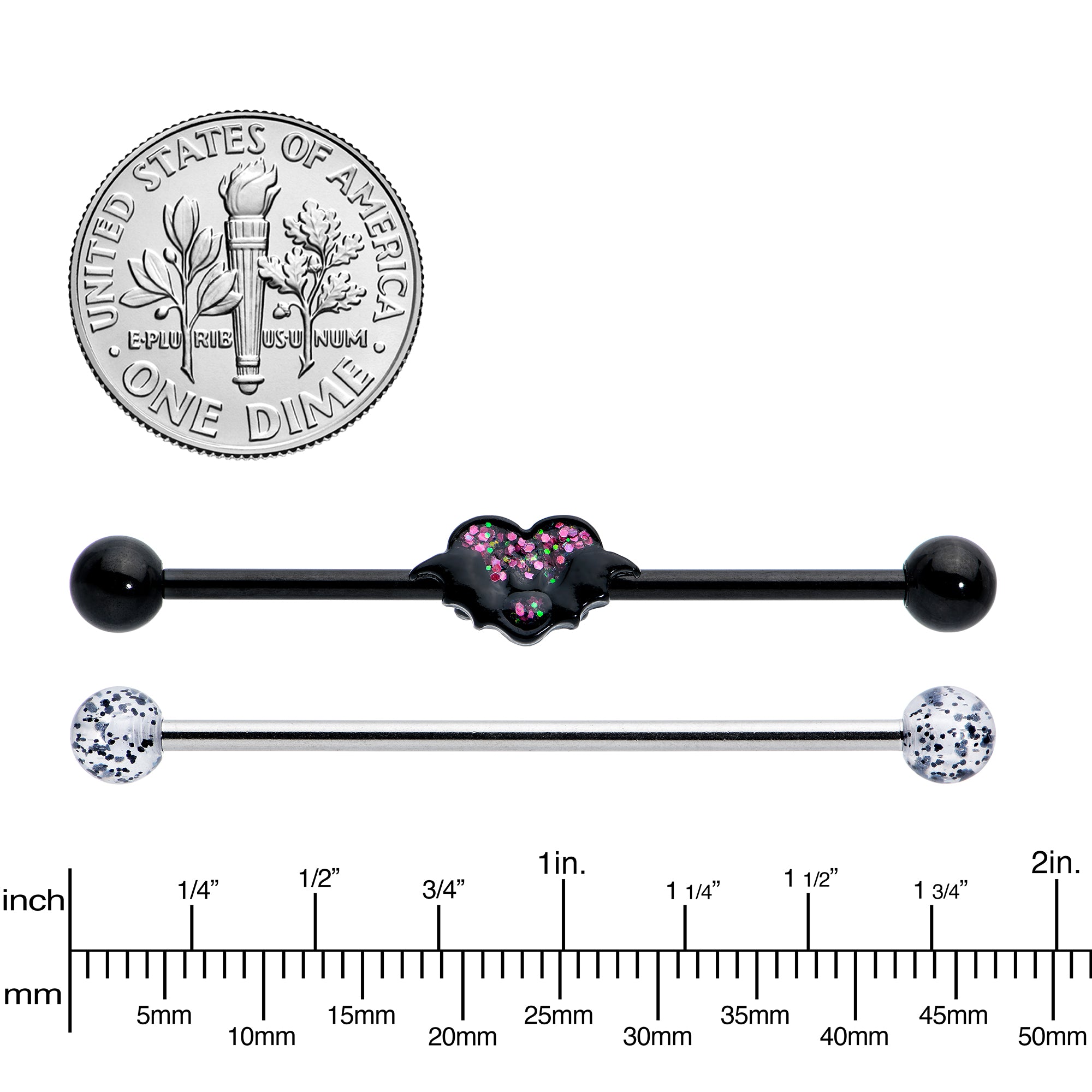 14G Black Bat Heart Halloween Clear Industrial Barbell 38mm Set of 2