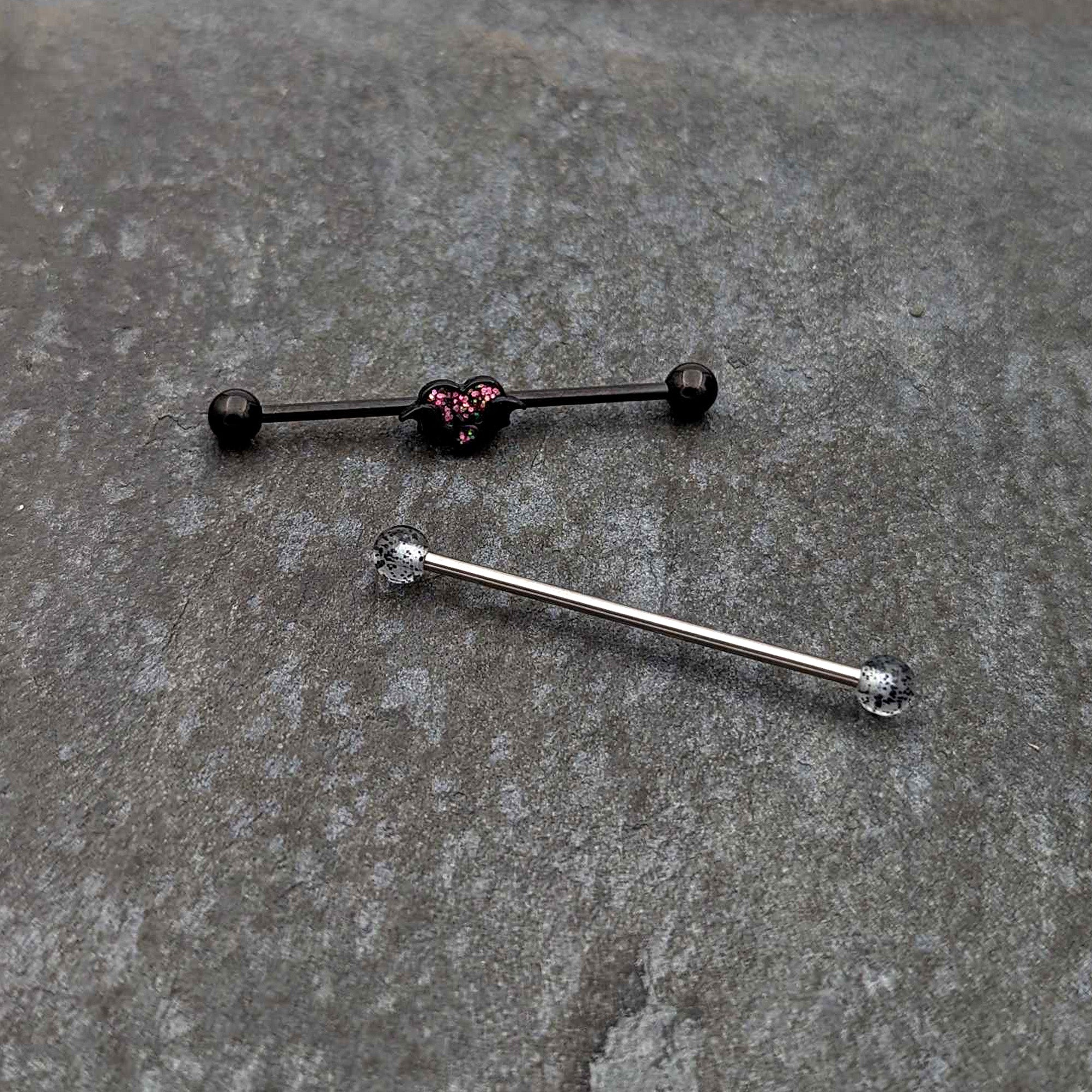 14G Black Bat Heart Halloween Clear Industrial Barbell 38mm Set of 2