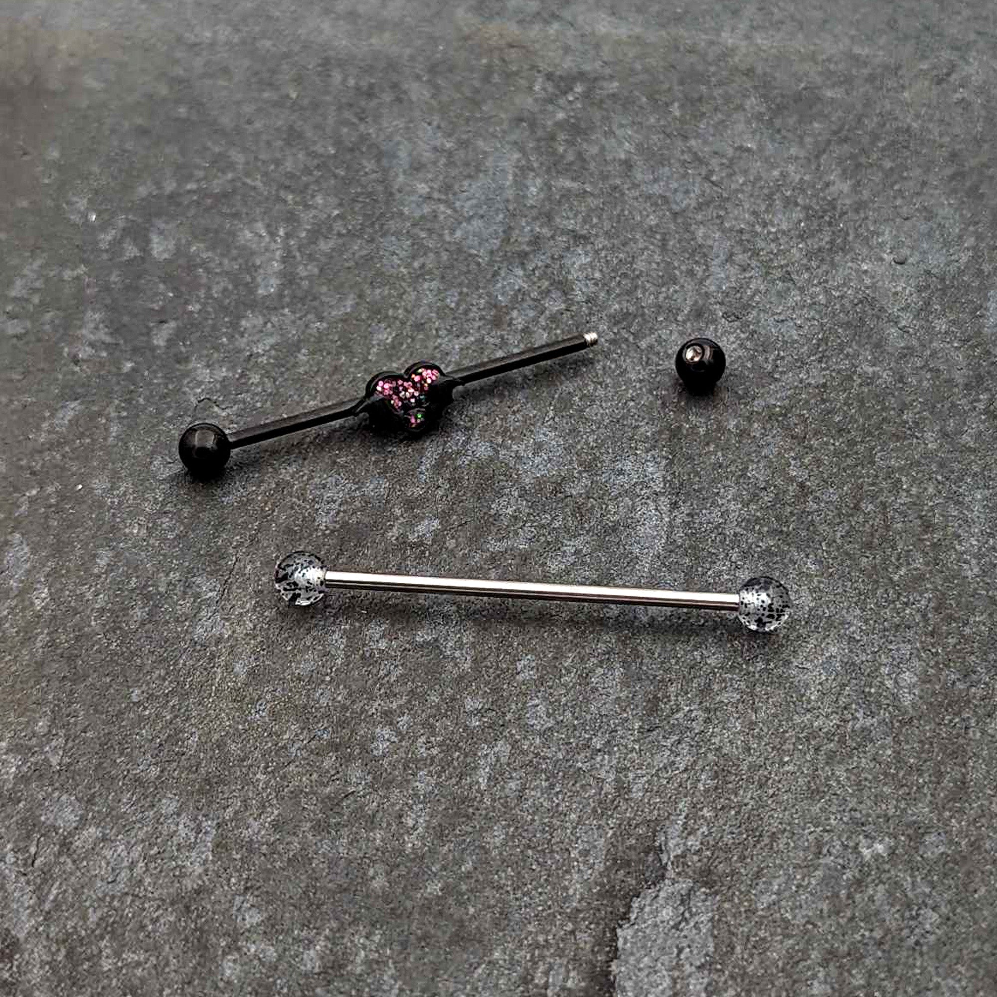 14G Black Bat Heart Halloween Clear Industrial Barbell 38mm Set of 2