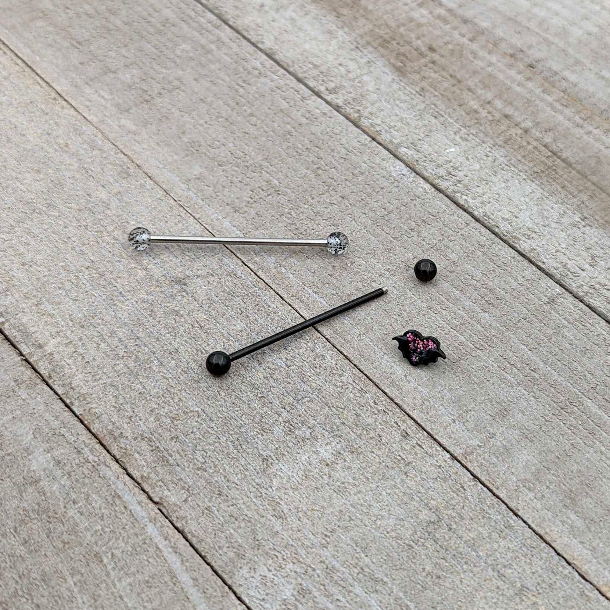 14G Black Bat Heart Halloween Clear Industrial Barbell 38mm Set of 2
