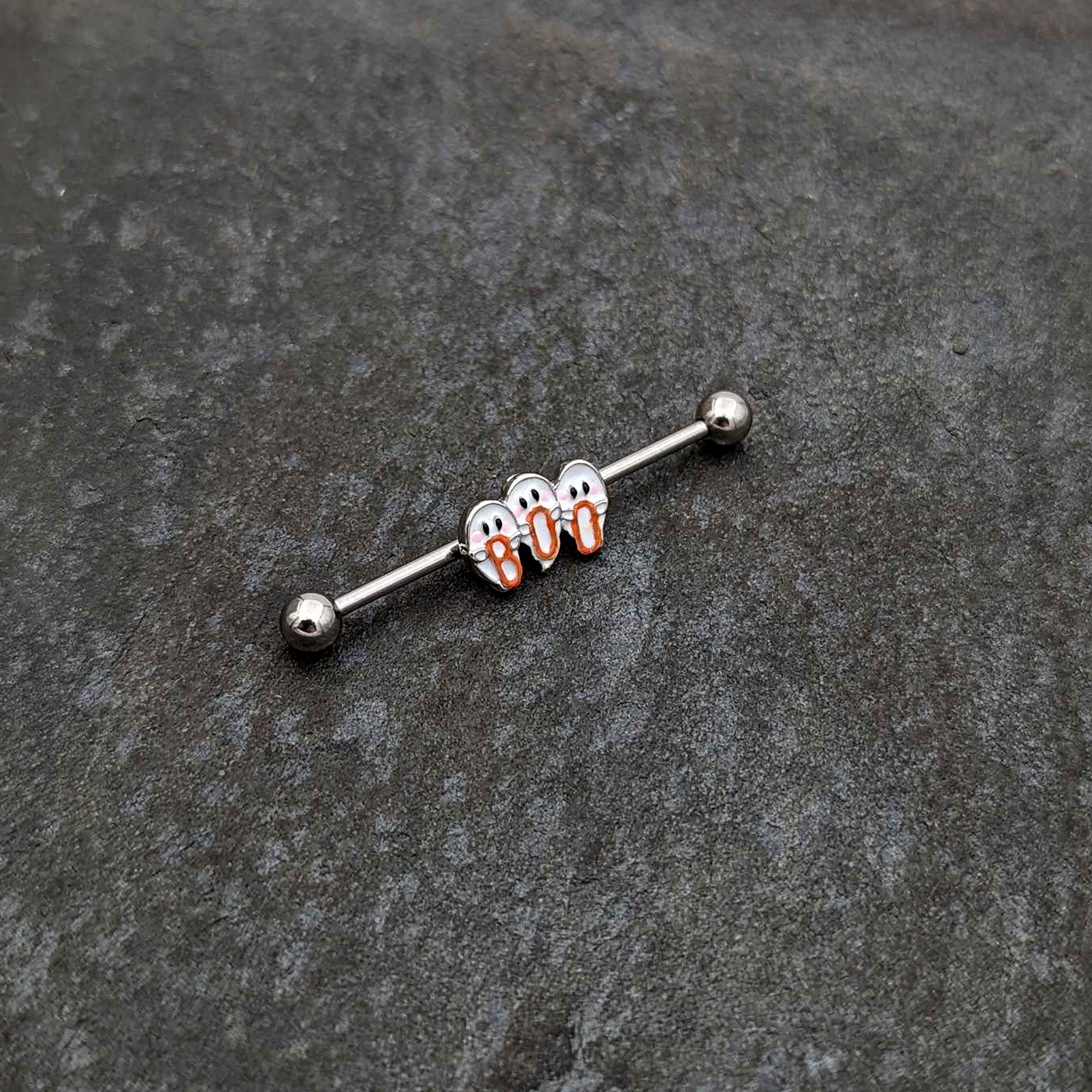 14G Retro Halloween Boo Ghost Trio Industrial Barbell 38mm