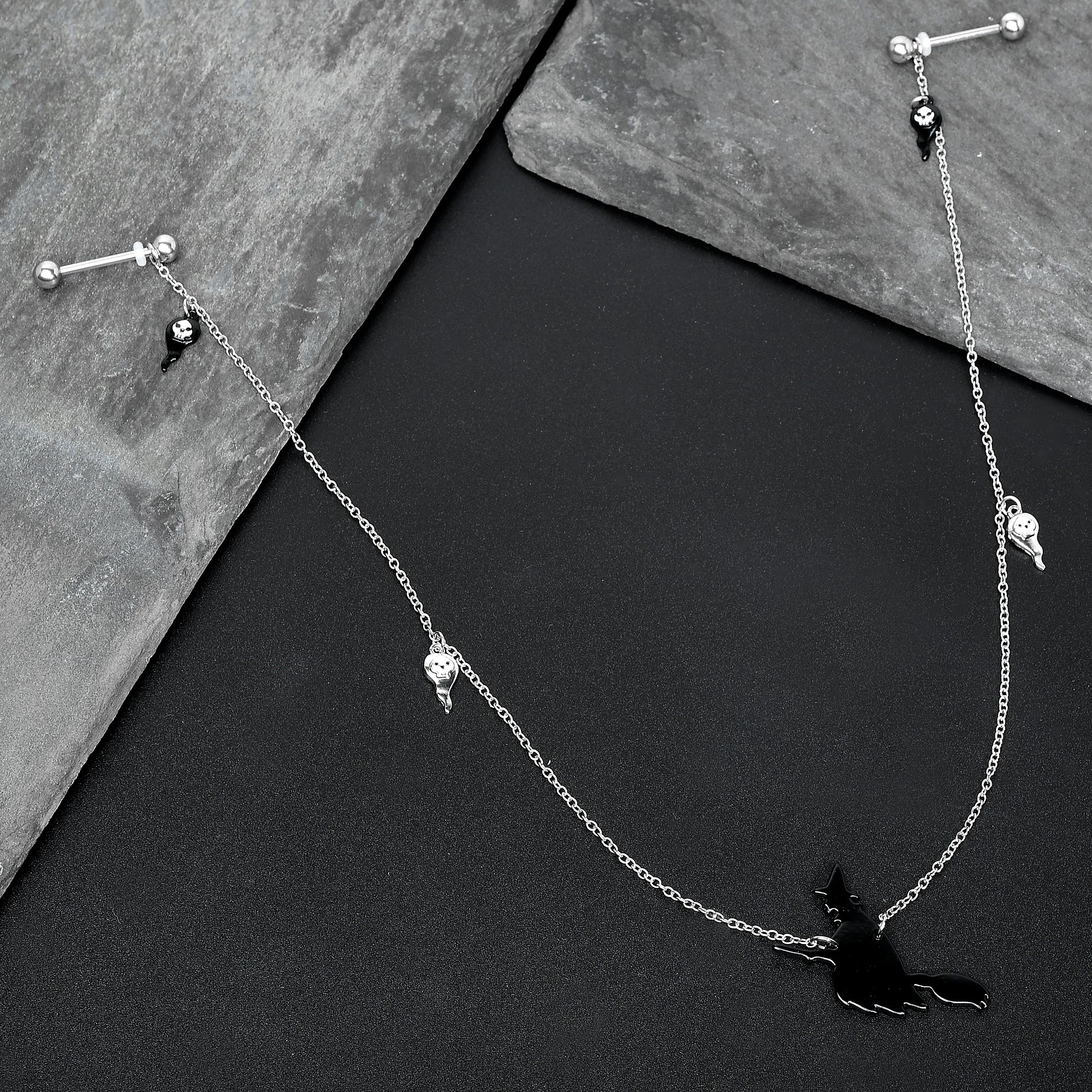 14G 9/16 Creepy Ghosts Witch Halloween Dangle Nipple Chain Set