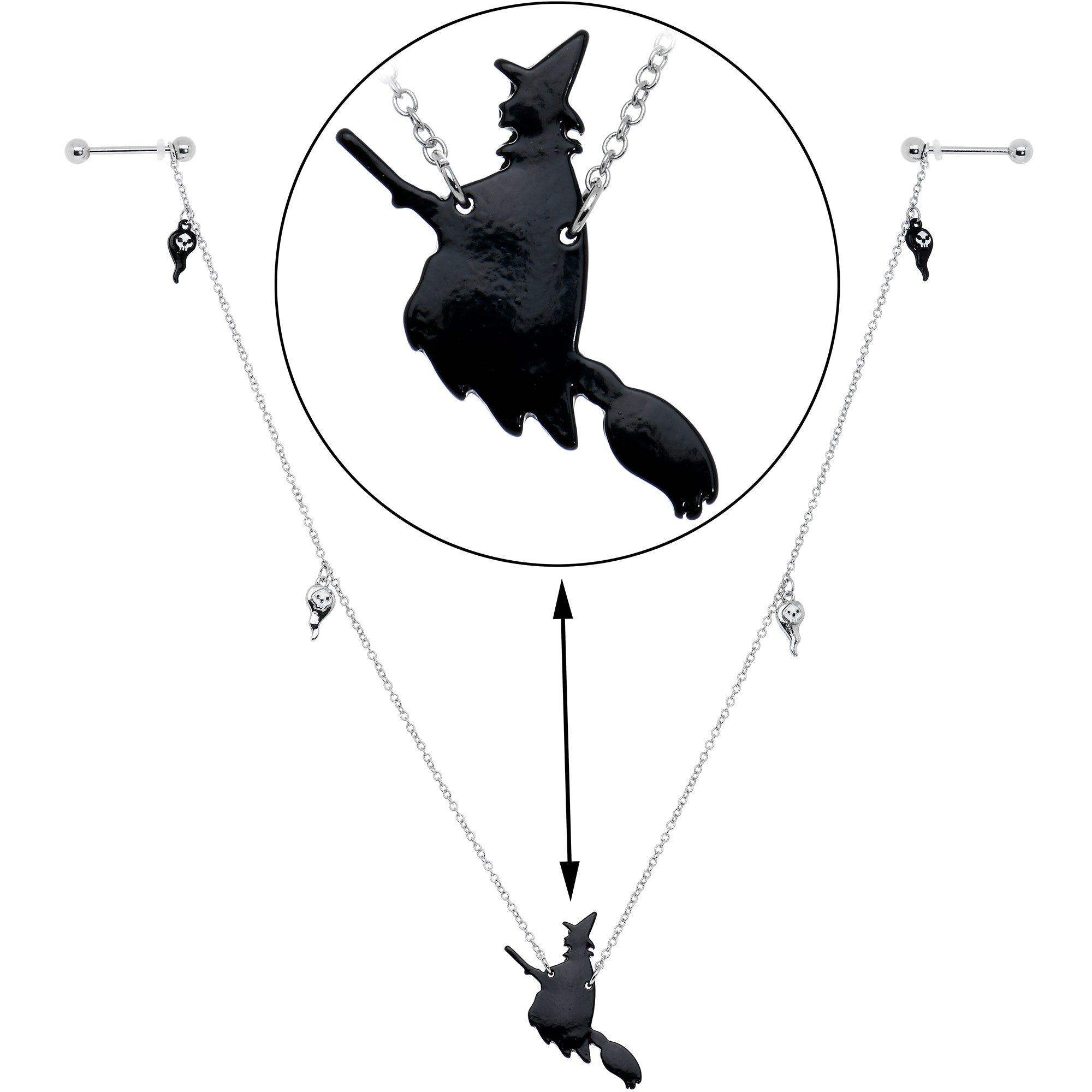 14G 9/16 Creepy Ghosts Witch Halloween Dangle Nipple Chain Set