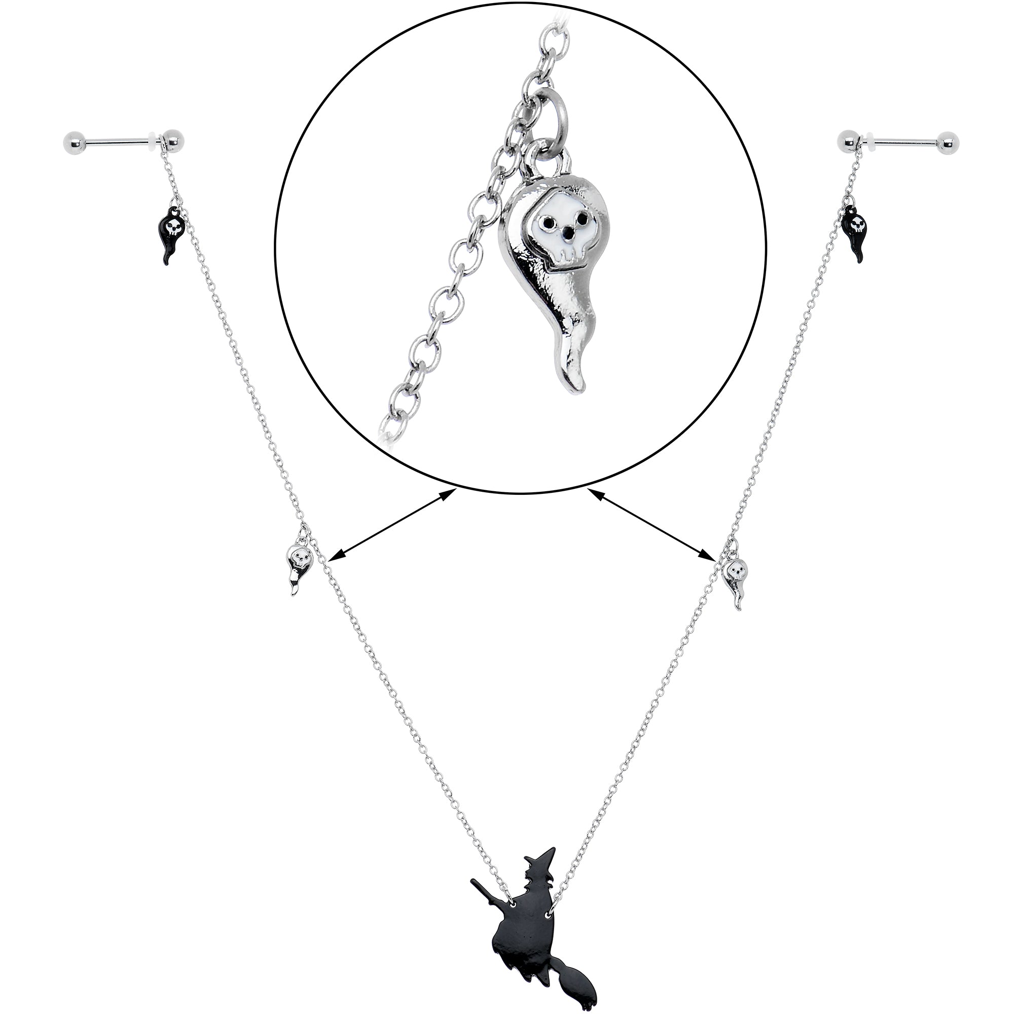 14G 9/16 Creepy Ghosts Witch Halloween Dangle Nipple Chain Set