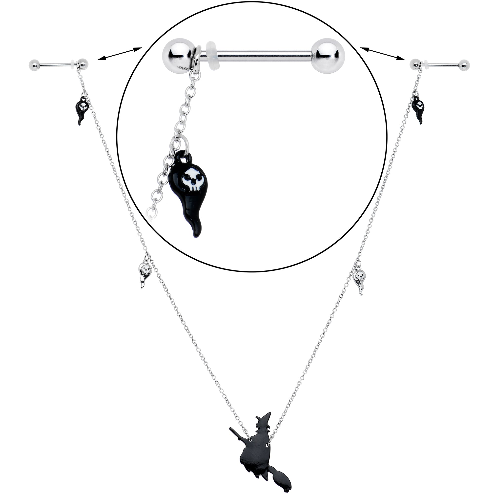 14G 9/16 Creepy Ghosts Witch Halloween Dangle Nipple Chain Set