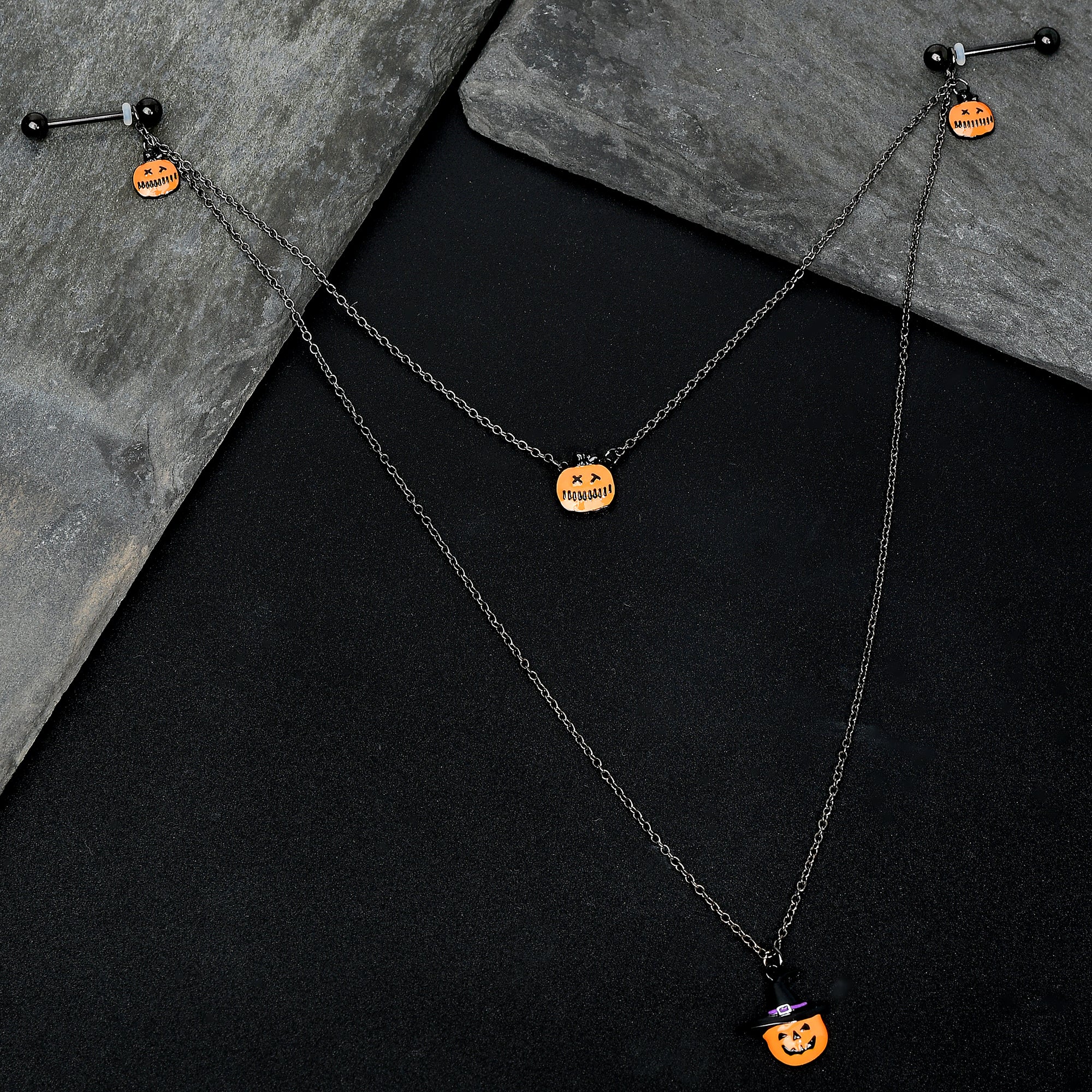 14G 9/16 Black Witchy Pumpkin Halloween Double Nipple Chain