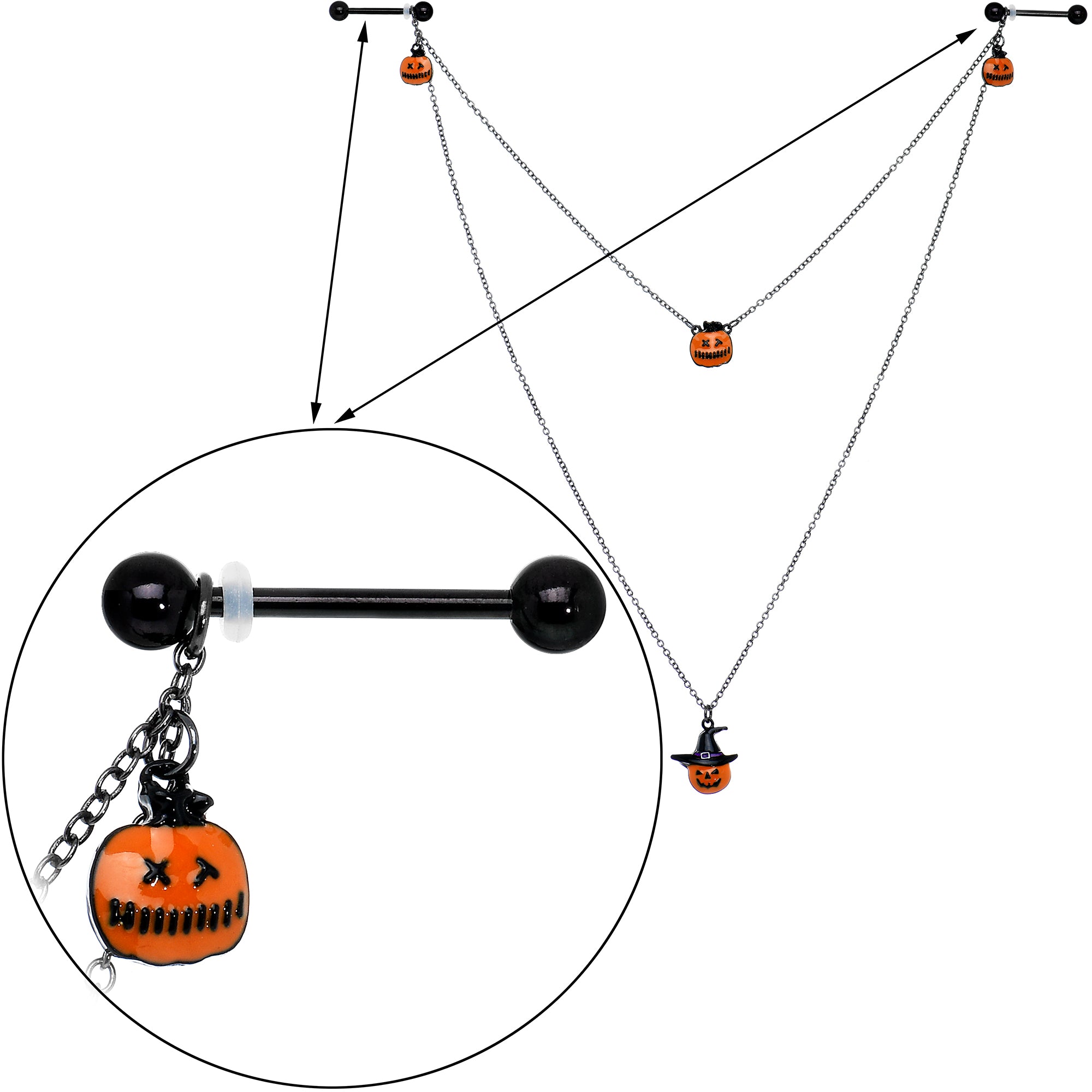 14G 9/16 Black Witchy Pumpkin Halloween Double Nipple Chain