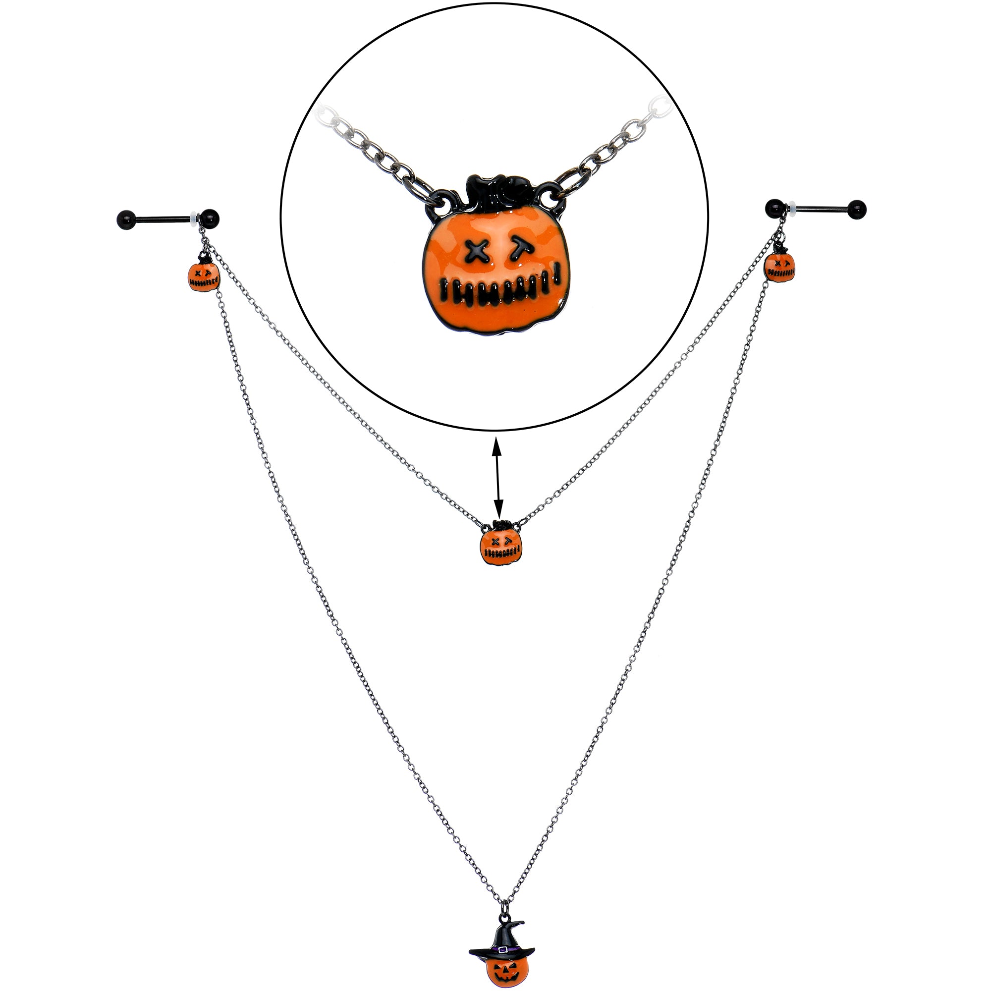 14 Gauge 9/16 Black Witchy Pumpkin Halloween Double Nipple Chain