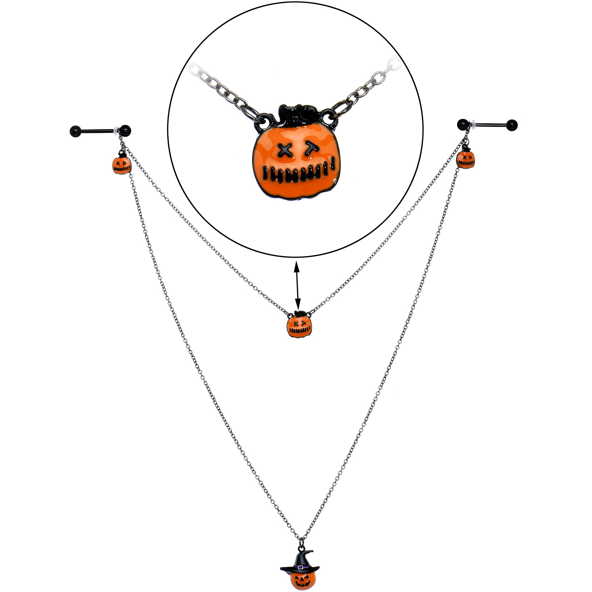 14G 9/16 Black Witchy Pumpkin Halloween Double Nipple Chain