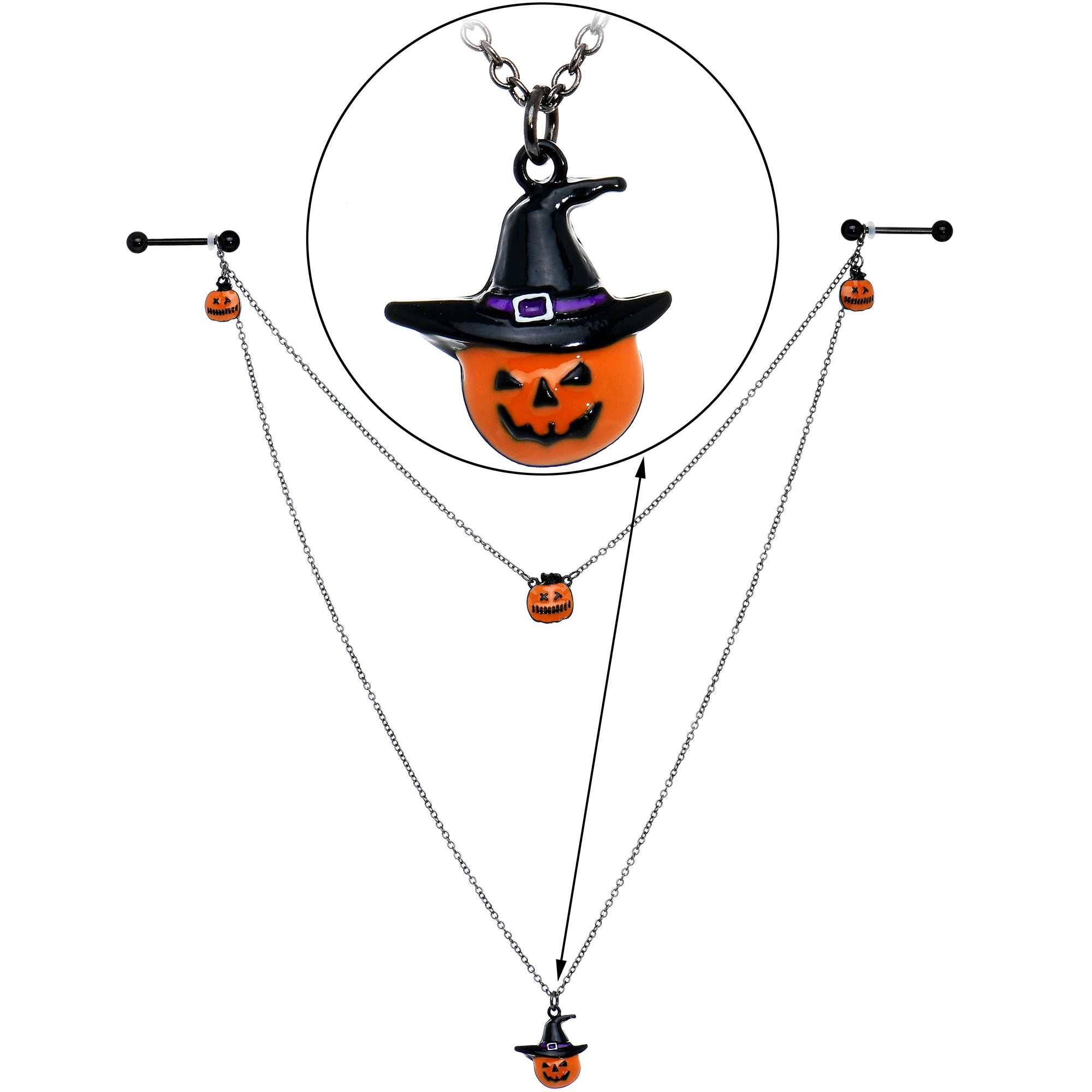 14 Gauge 9/16 Black Witchy Pumpkin Halloween Double Nipple Chain