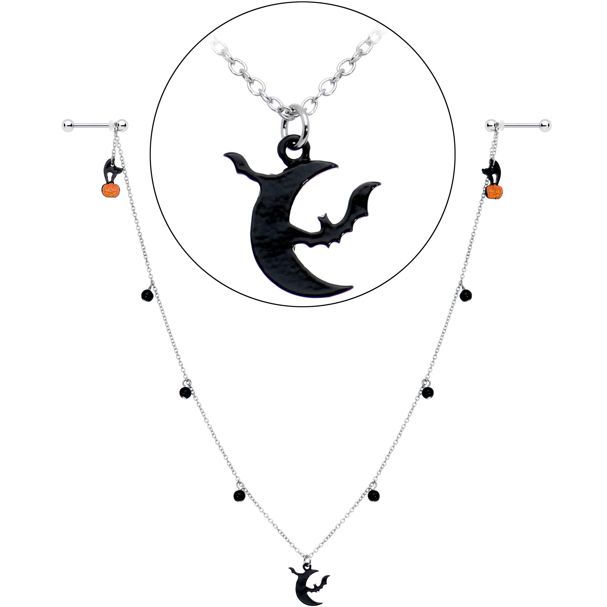 14 Gauge 9/16 Pumpkin Black Cat Moon Bats Dangle Halloween Nipple Chain