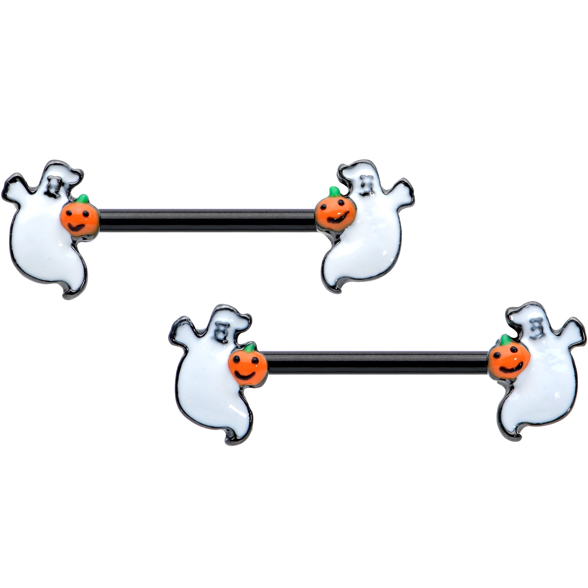 14G 9/16 Black Halloween Pumpkin Ghost Barbell Nipple Ring Set