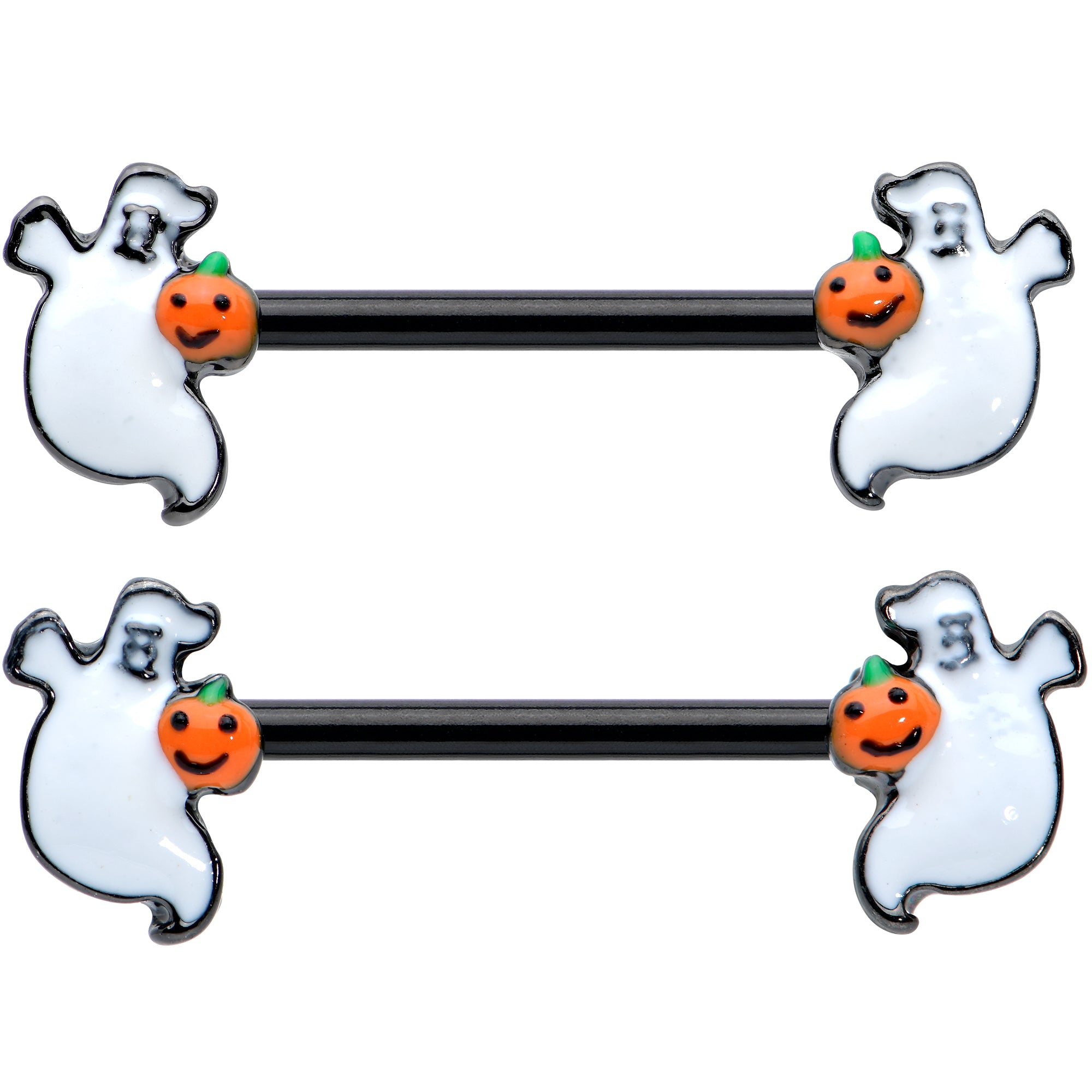 14G 9/16 Black Halloween Pumpkin Ghost Barbell Nipple Ring Set